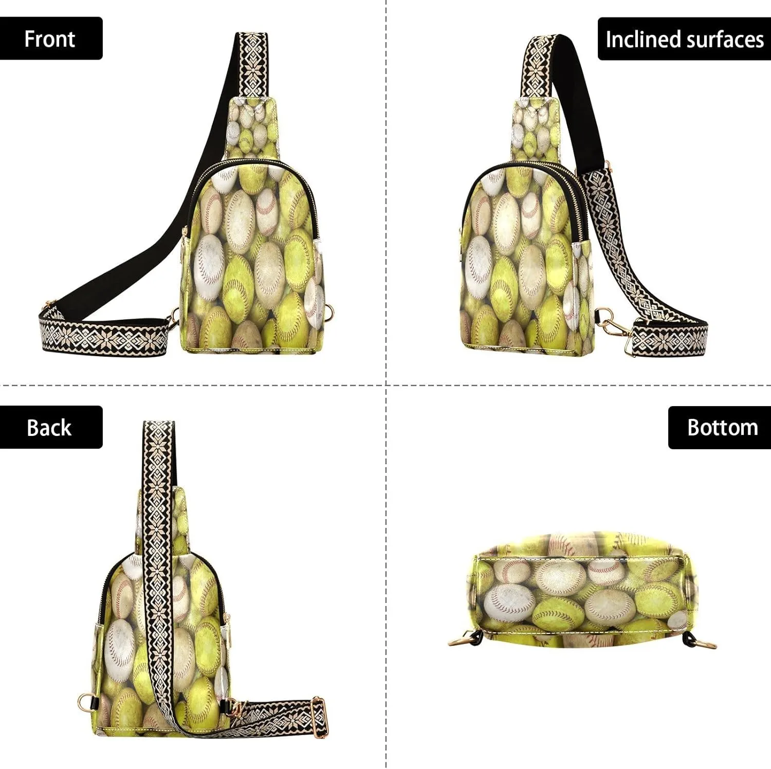 Small Sling Bag for Women Old Softballs and Baseballs PC Leather Fanny Pack Crossbody Fashion Waist Packs Chest Bag for Travel Sports Running Hiking