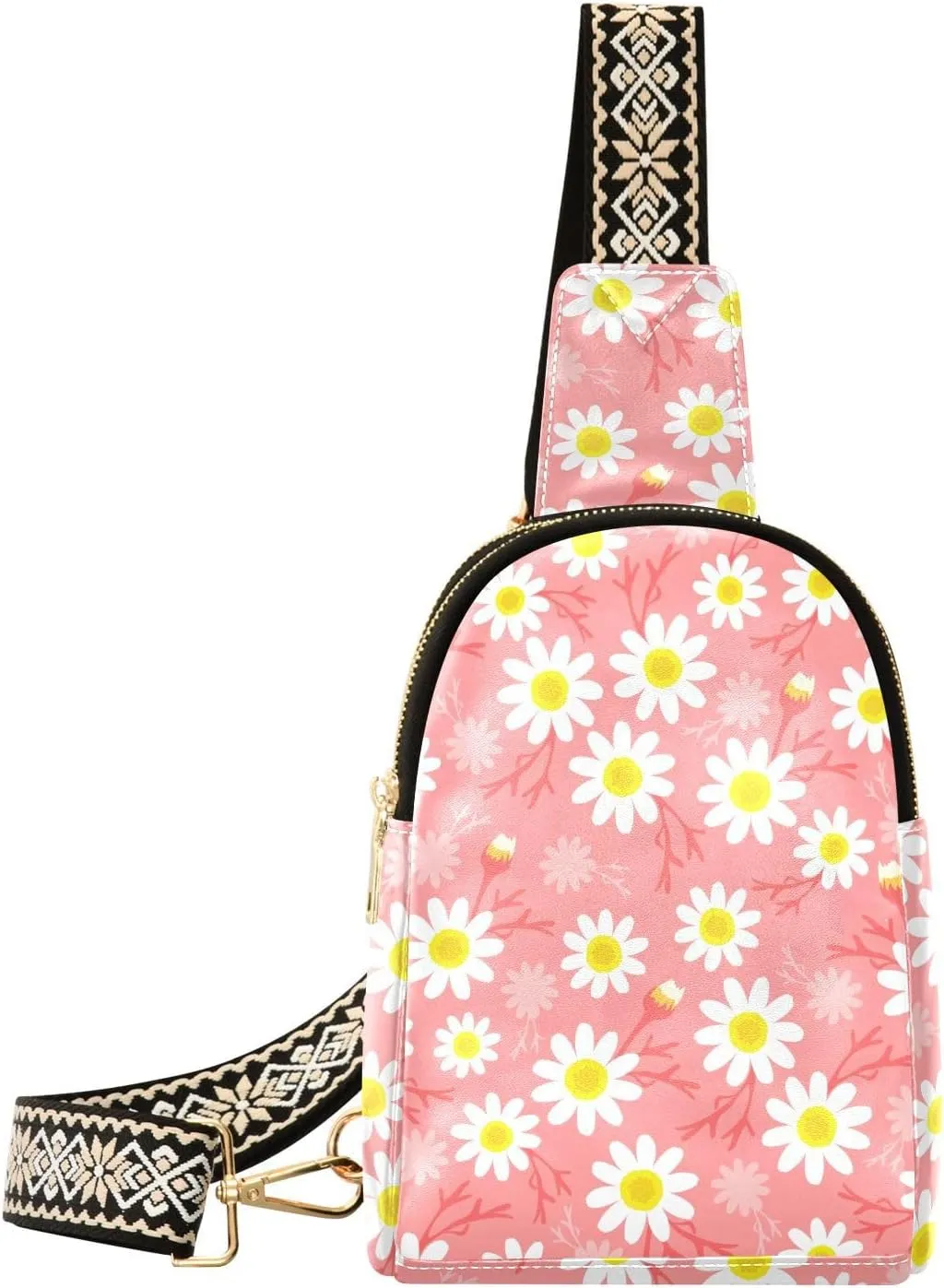 Small Sling Bag for Women Peach Floral Pattern PC Leather Fanny Pack Crossbody Pink Fashion Waist Packs Chest Bag for Travel Sports Running Hiking