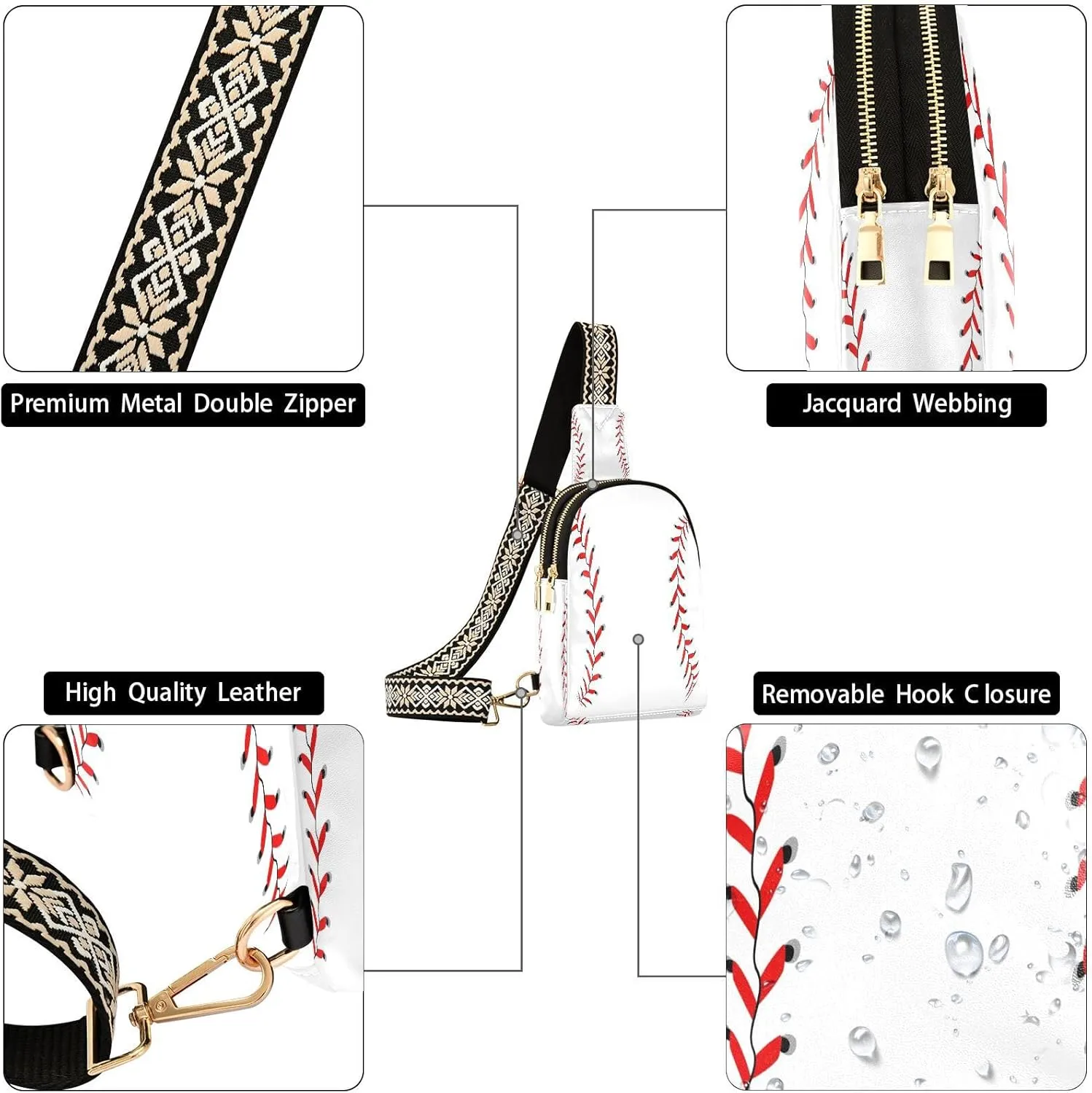 Small Sling Bag for Women White Baseball Stitches PC Leather Fanny Pack Crossbody Fashion Waist Packs Chest Bag for Travel Sports Running Hiking