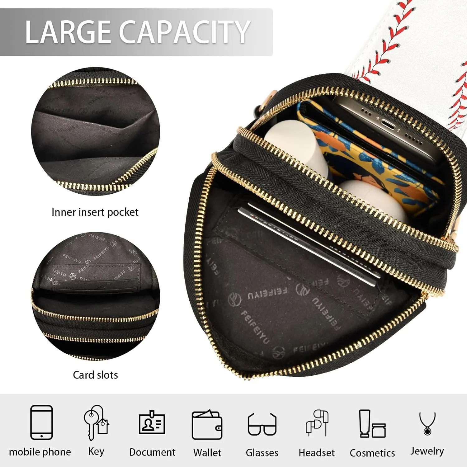 Small Sling Bag for Women White Baseball Stitches PC Leather Fanny Pack Crossbody Fashion Waist Packs Chest Bag for Travel Sports Running Hiking