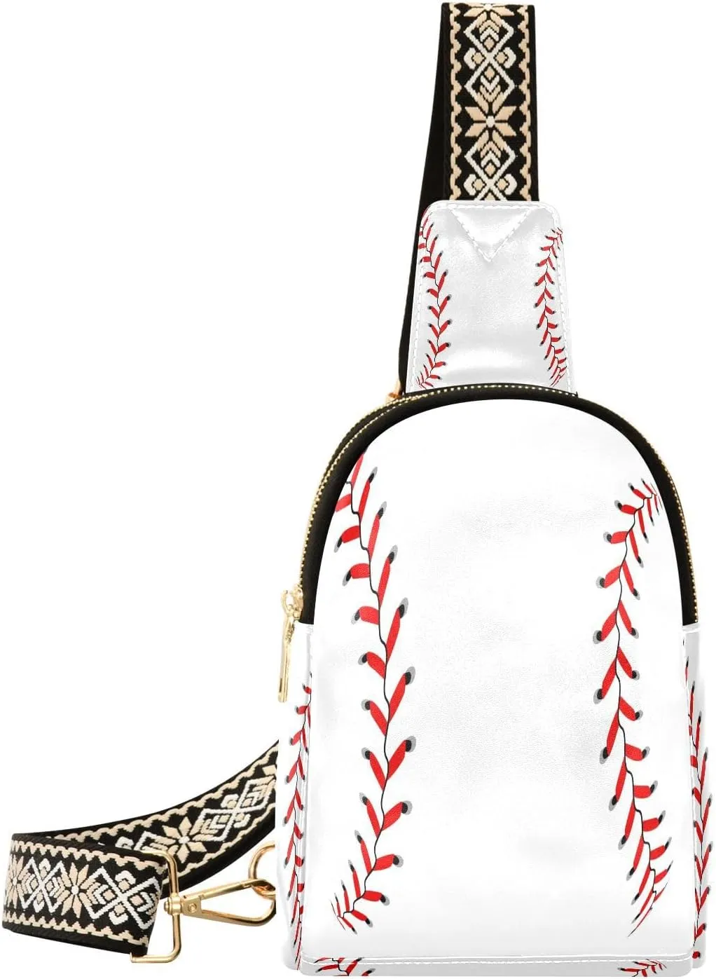 Small Sling Bag for Women White Baseball Stitches PC Leather Fanny Pack Crossbody Fashion Waist Packs Chest Bag for Travel Sports Running Hiking