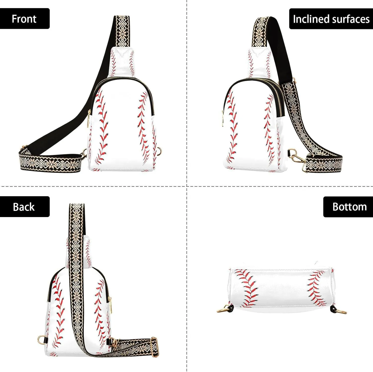 Small Sling Bag for Women White Baseball Stitches PC Leather Fanny Pack Crossbody Fashion Waist Packs Chest Bag for Travel Sports Running Hiking