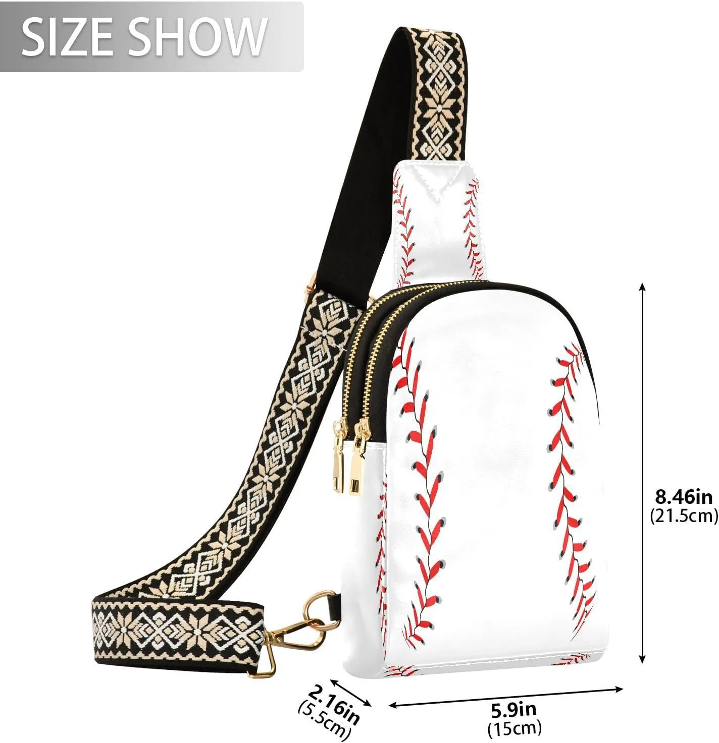 Small Sling Bag for Women White Baseball Stitches PC Leather Fanny Pack Crossbody Fashion Waist Packs Chest Bag for Travel Sports Running Hiking