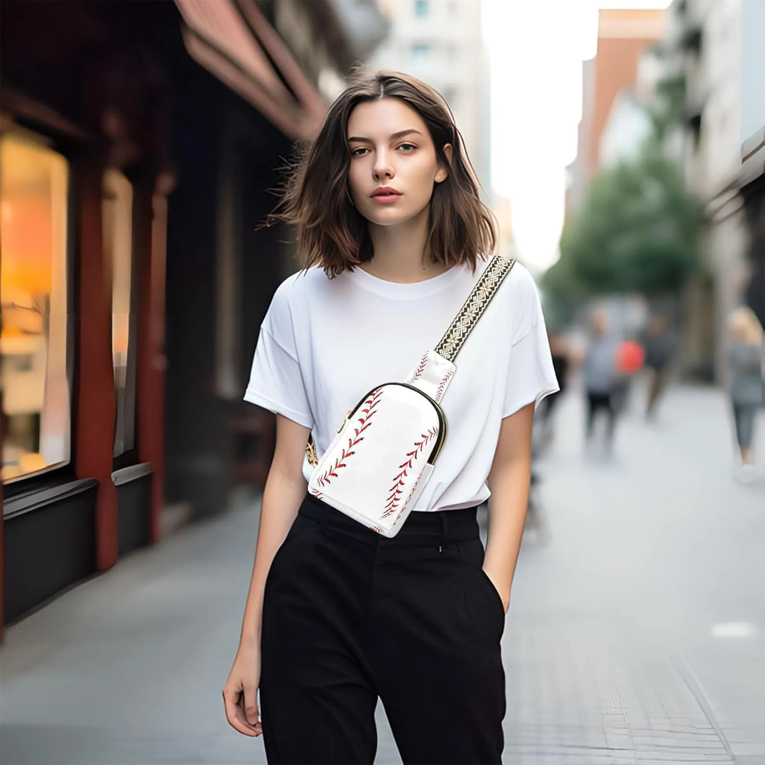 Small Sling Bag for Women White Baseball Stitches PC Leather Fanny Pack Crossbody Fashion Waist Packs Chest Bag for Travel Sports Running Hiking