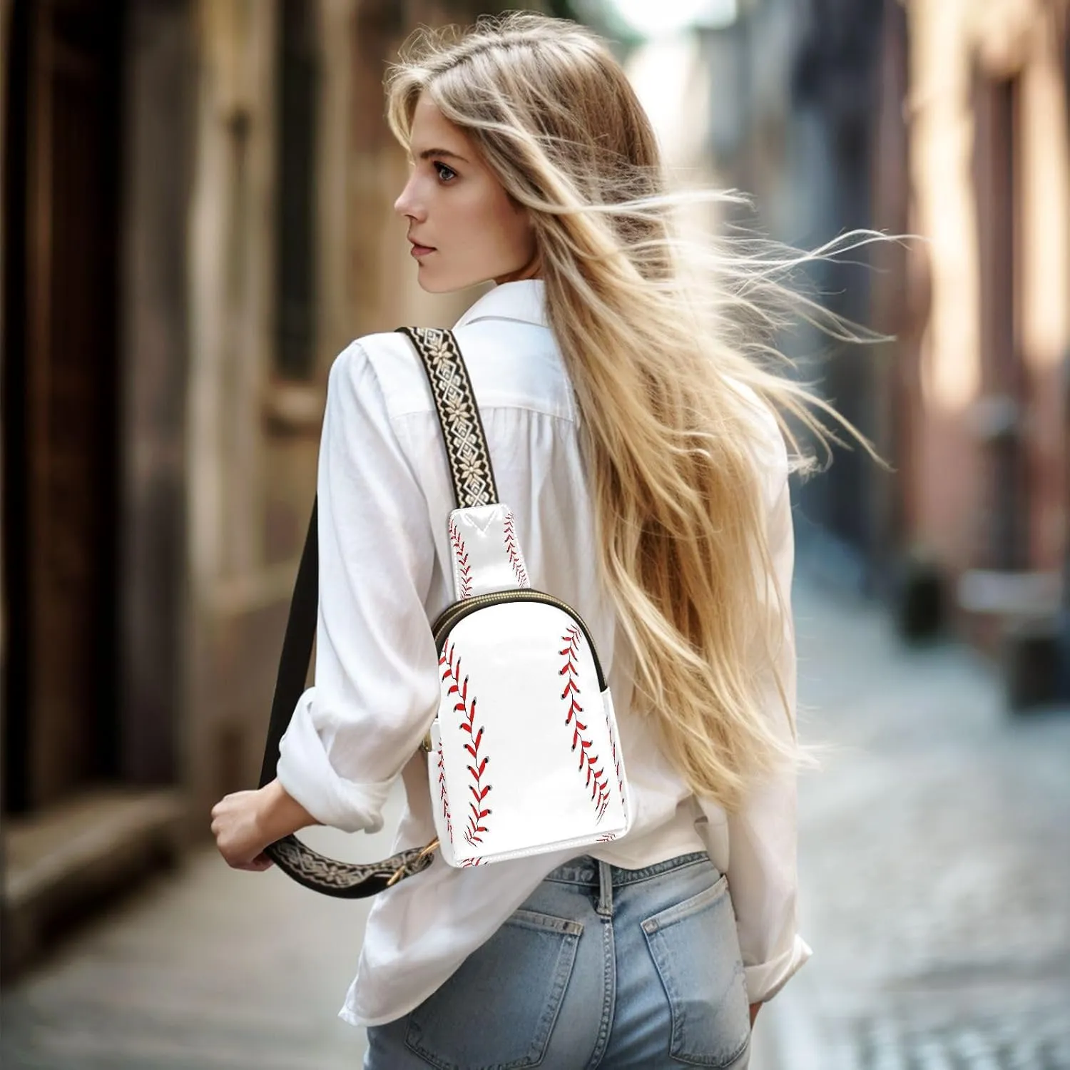 Small Sling Bag for Women White Baseball Stitches PC Leather Fanny Pack Crossbody Fashion Waist Packs Chest Bag for Travel Sports Running Hiking