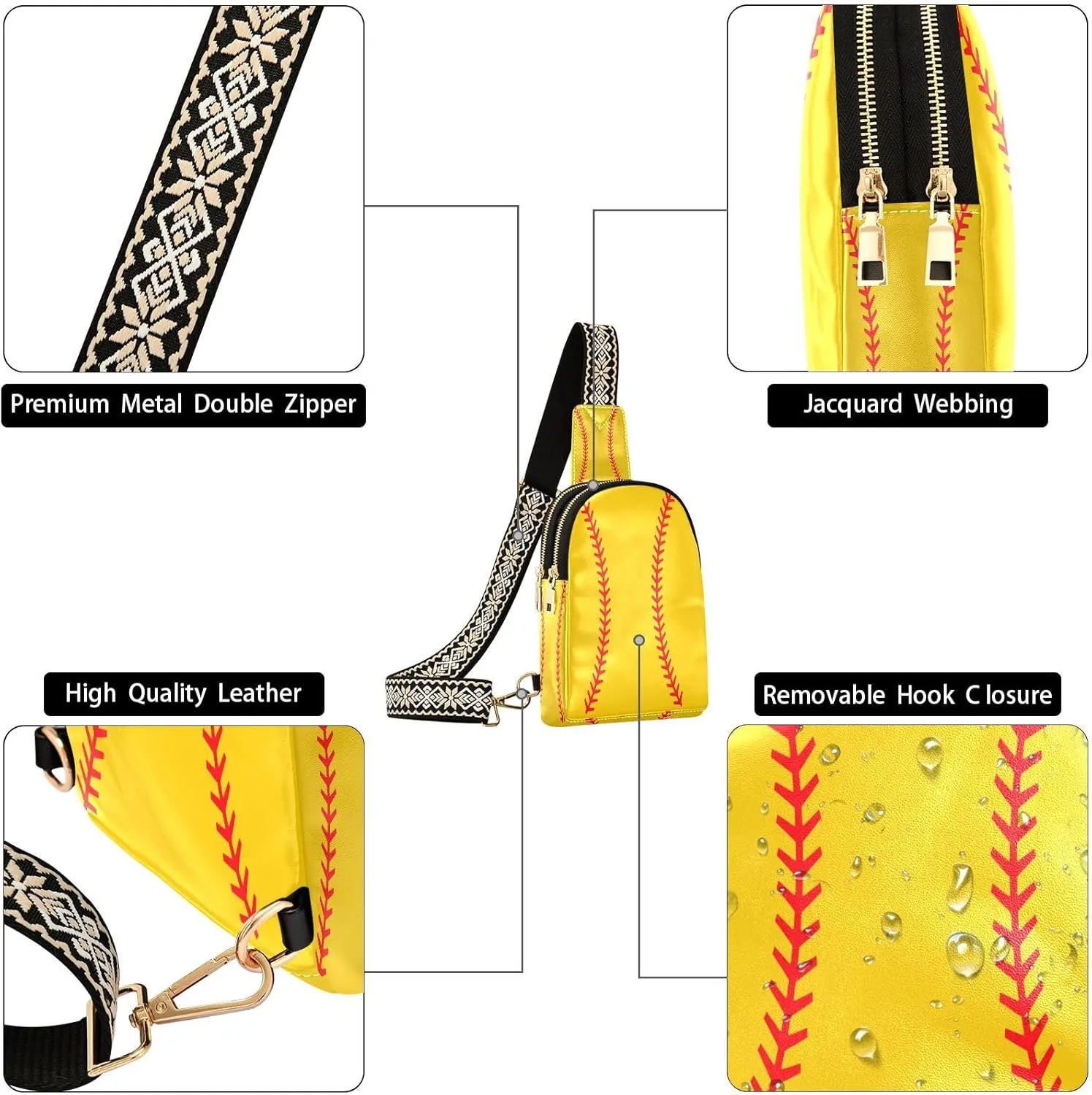 Small Sling Bag for Women Yellow Baseball Stitched PC Leather Fanny Pack Crossbody Softball Fashion Waist Packs Chest Bag for Travel Sports Running Hiking