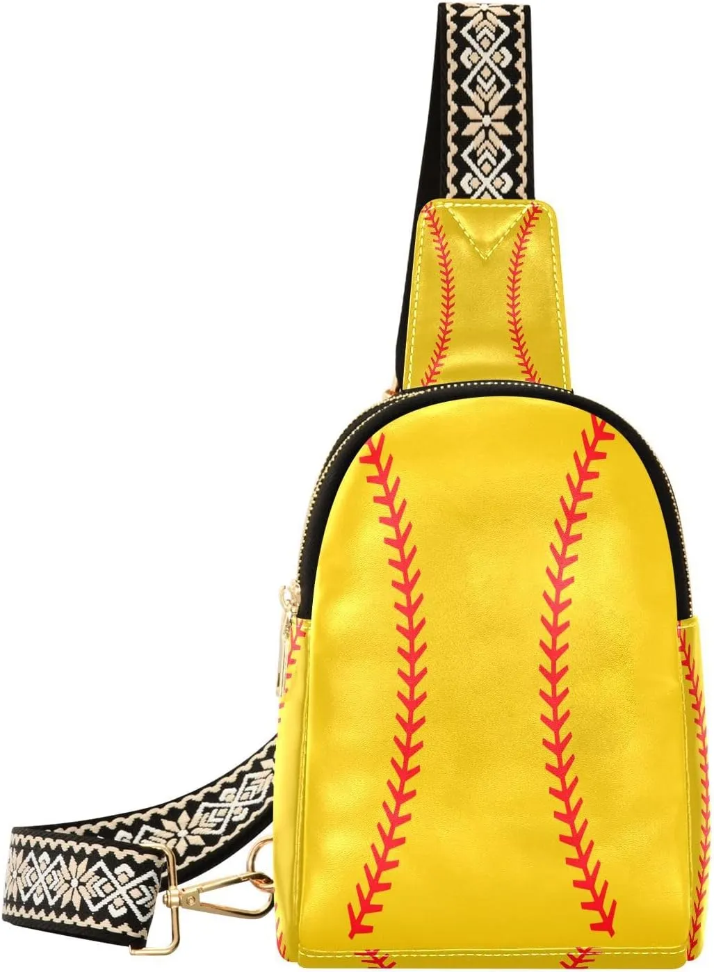 Small Sling Bag for Women Yellow Baseball Stitched PC Leather Fanny Pack Crossbody Softball Fashion Waist Packs Chest Bag for Travel Sports Running Hiking