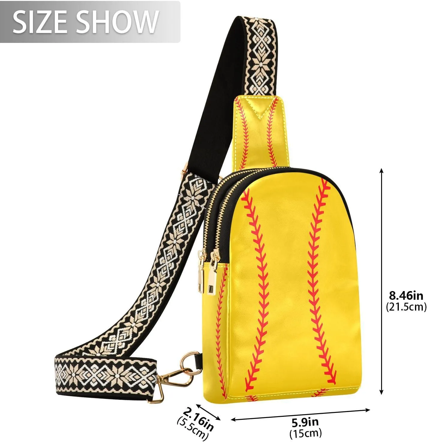 Small Sling Bag for Women Yellow Baseball Stitched PC Leather Fanny Pack Crossbody Softball Fashion Waist Packs Chest Bag for Travel Sports Running Hiking