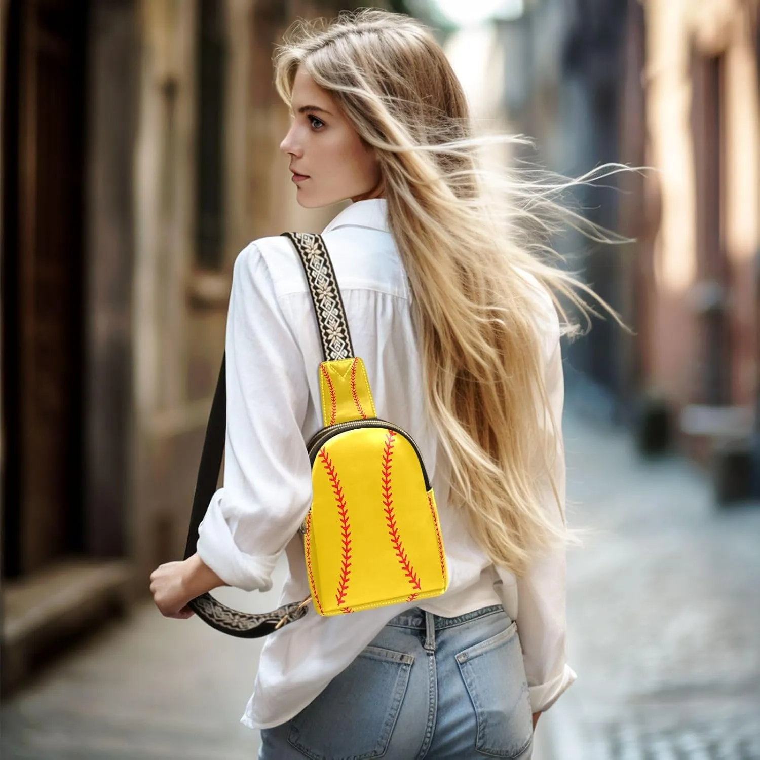 Small Sling Bag for Women Yellow Baseball Stitched PC Leather Fanny Pack Crossbody Softball Fashion Waist Packs Chest Bag for Travel Sports Running Hiking