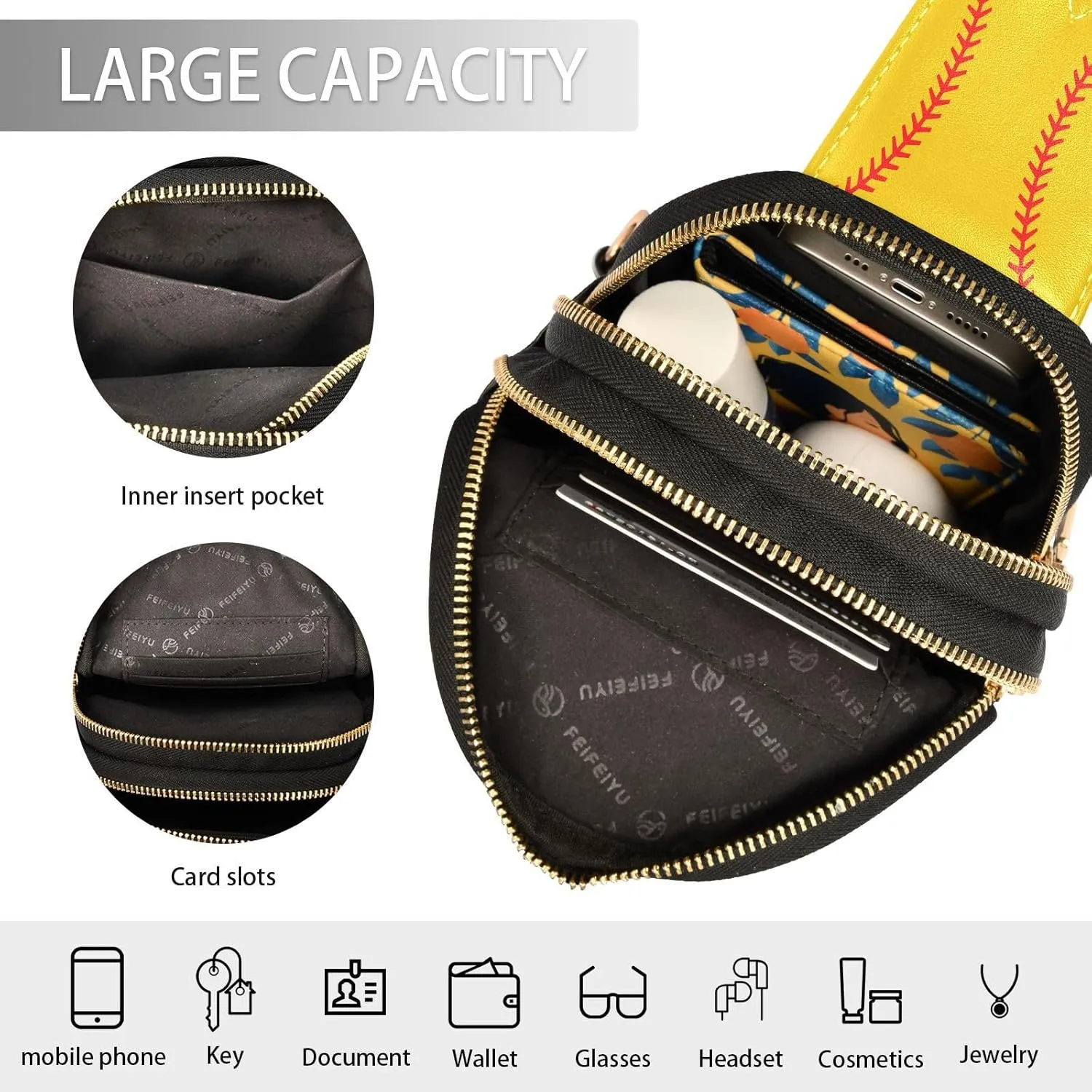 Small Sling Bag for Women Yellow Baseball Stitched PC Leather Fanny Pack Crossbody Softball Fashion Waist Packs Chest Bag for Travel Sports Running Hiking