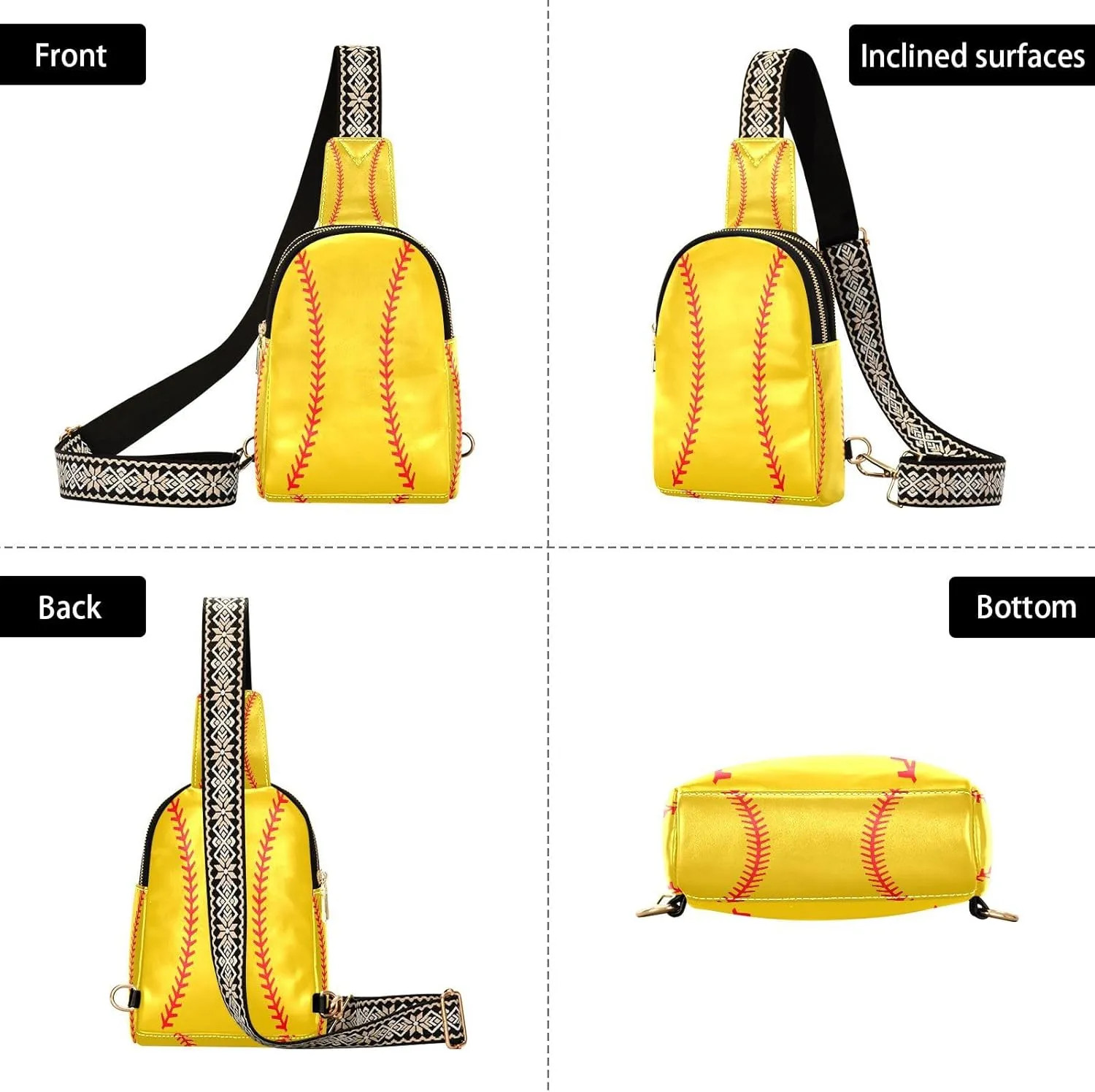 Small Sling Bag for Women Yellow Baseball Stitched PC Leather Fanny Pack Crossbody Softball Fashion Waist Packs Chest Bag for Travel Sports Running Hiking