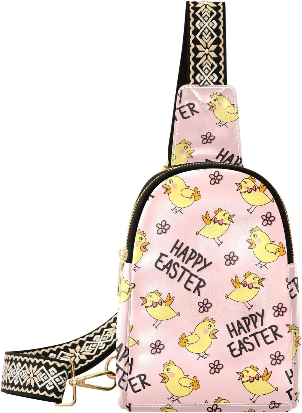 Small Sling Bag for Women Yellow Chick Flowers PC Leather Fanny Pack Crossbody Easter Fashion Waist Packs Chest Bag for Travel Sports Running Hiking