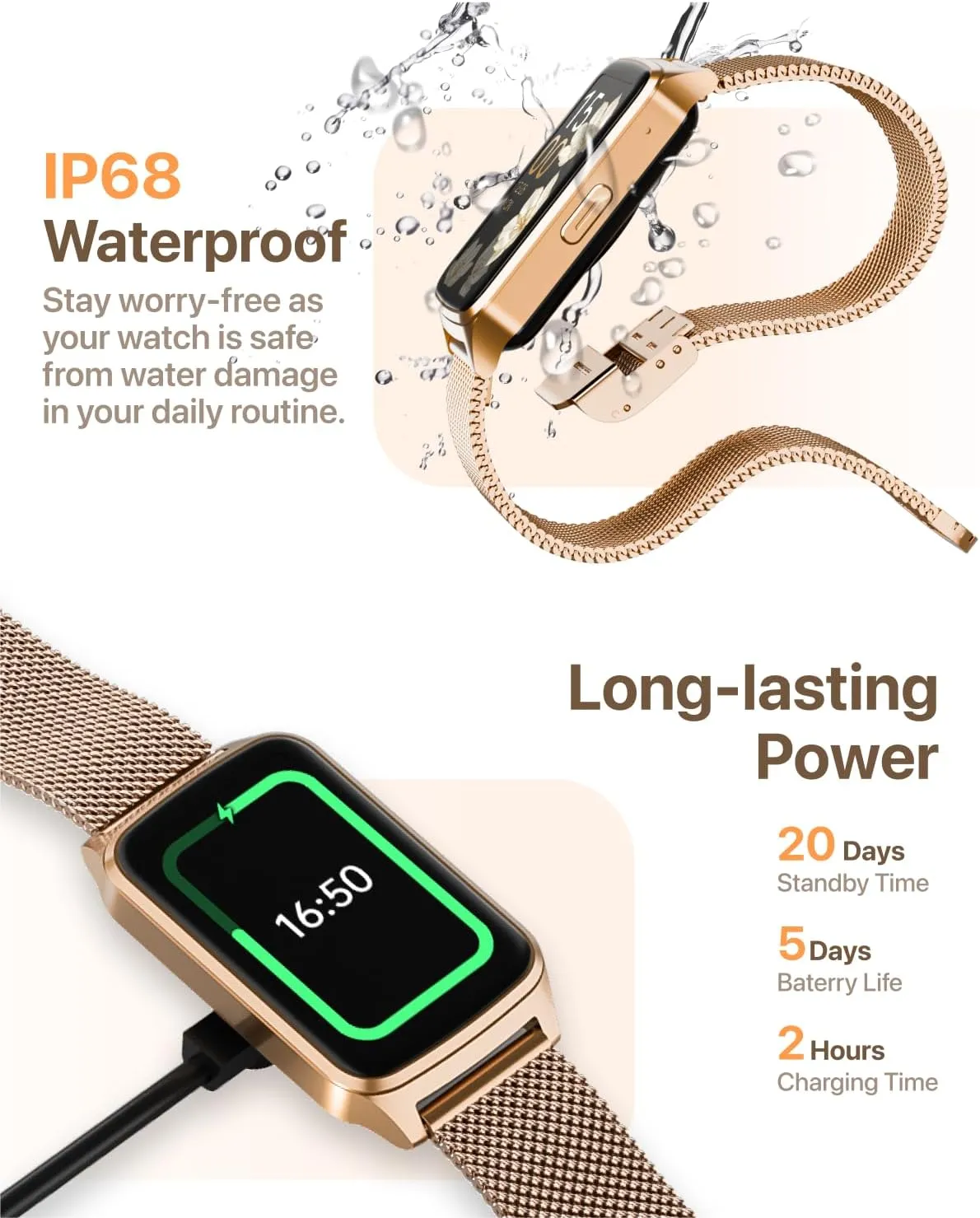 Smart Fitness Watch for Women, Activity Tracker, Calorie Step Counter Pedometer IP68 Waterproof for Android and iPhone (Golden, 1.57)