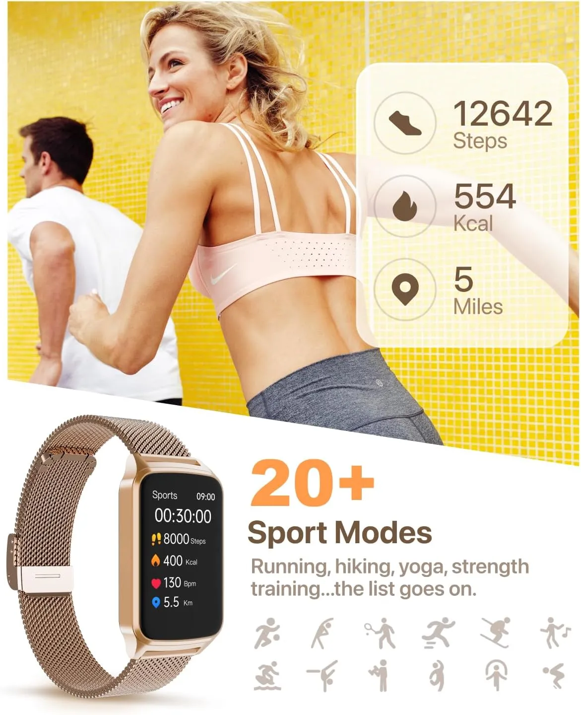 Smart Fitness Watch for Women, Activity Tracker, Calorie Step Counter Pedometer IP68 Waterproof for Android and iPhone (Golden, 1.57)