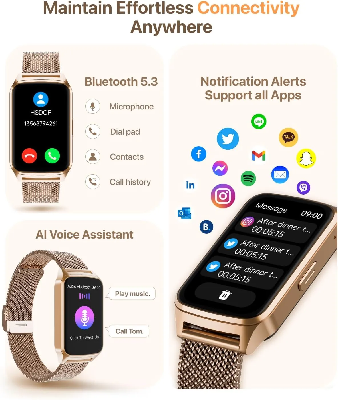Smart Fitness Watch for Women, Activity Tracker, Calorie Step Counter Pedometer IP68 Waterproof for Android and iPhone (Golden, 1.57)