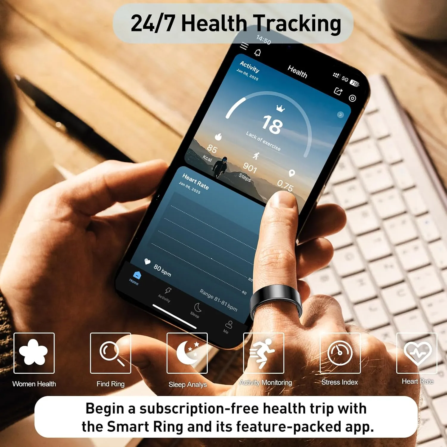 Smart Ring Health Tracker, Sleep&Exercise Monitor Heart Rate,Blood Oxygen,Fitness Trackers for Man&Women -Long Lasting Batteries,Waterproof Sleep Tracking Wearable (Silver, 9)