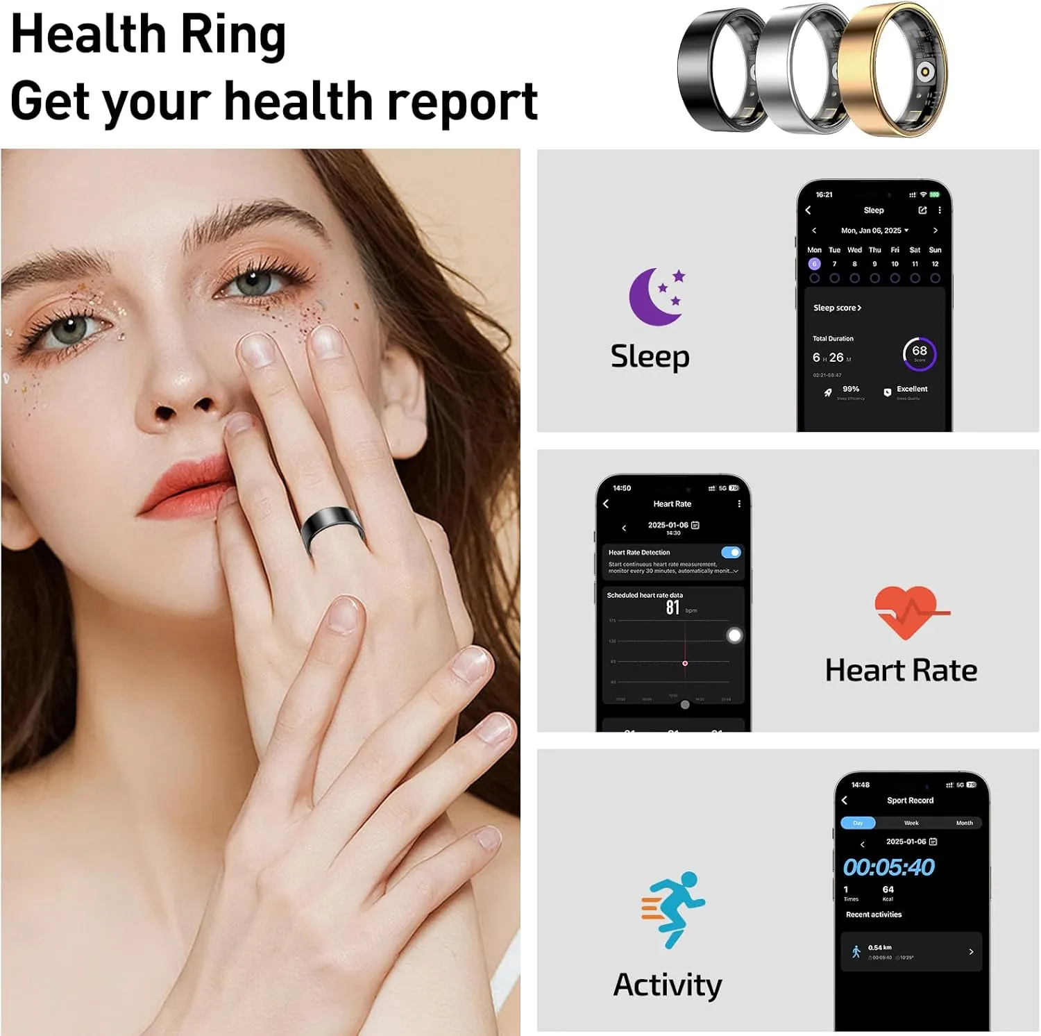 Smart Ring Health Tracker, Sleep&Exercise Monitor Heart Rate,Blood Oxygen,Fitness Trackers for Man&Women -Long Lasting Batteries,Waterproof Sleep Tracking Wearable (Silver, 9)