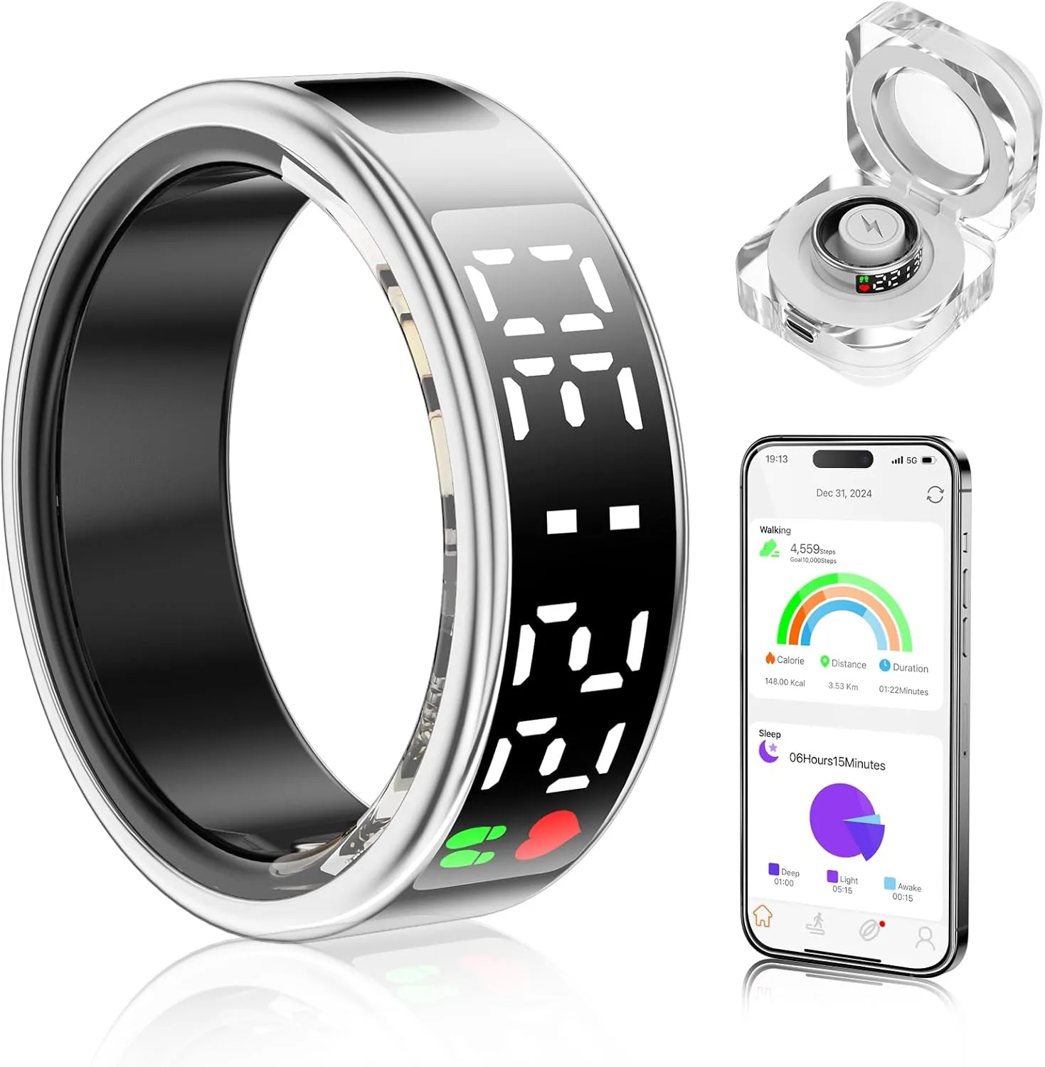Smart Ring Health Tracker with Display Screen & Touch Button, Bluetooth Connection Health Ring for Women Men, Tracks Heart Rate/Blood Oxygen/Sleep/Steps/Sports Activities, IP68 Waterproof