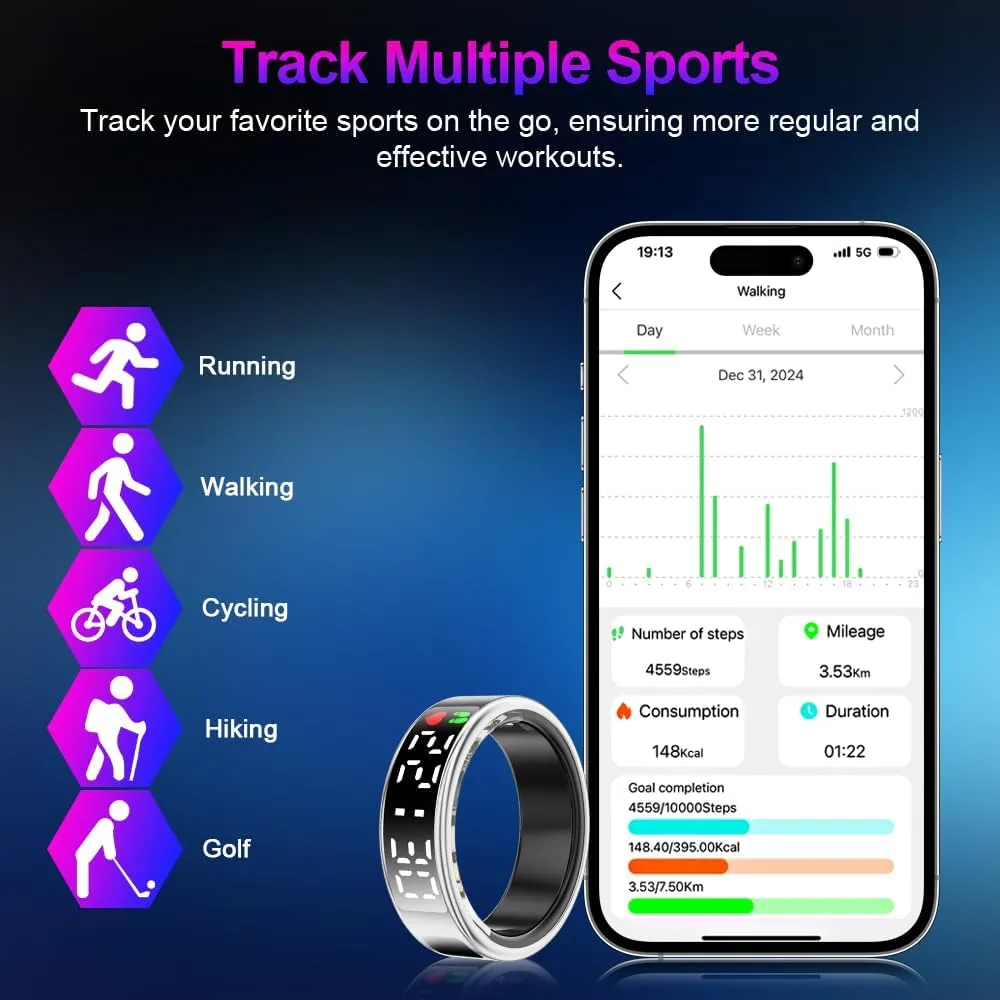 Smart Ring Health Tracker with Display Screen & Touch Button, Bluetooth Connection Health Ring for Women Men, Tracks Heart Rate/Blood Oxygen/Sleep/Steps/Sports Activities, IP68 Waterproof