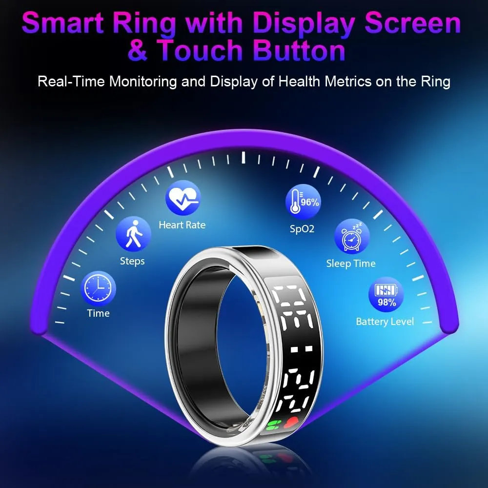 Smart Ring Health Tracker with Display Screen & Touch Button, Bluetooth Connection Health Ring for Women Men, Tracks Heart Rate/Blood Oxygen/Sleep/Steps/Sports Activities, IP68 Waterproof