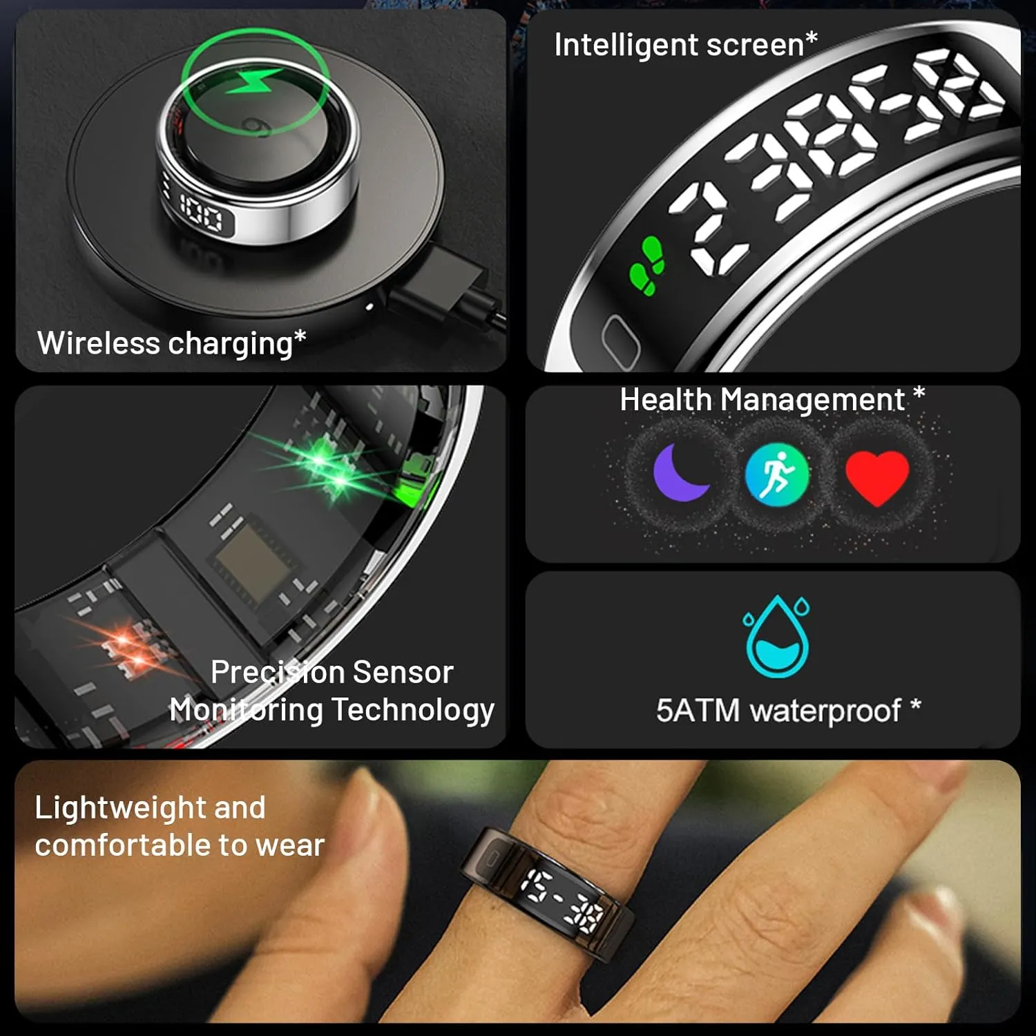 Smart Ring with LED Display Screen,Sleep&Fitness Tracking Wearable for Women/Men,Accurate Monitoring of Pedometer, Heart Rate,Blood Oxygen,No Subscription Required with Wireless Charging (Black, 8)