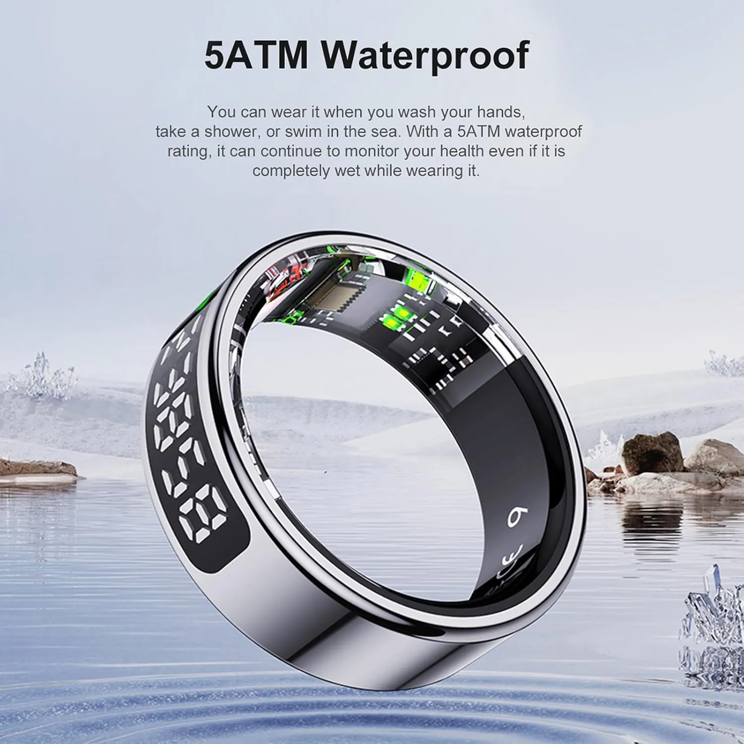 Smart Ring with LED Display Screen,Sleep&Fitness Tracking Wearable for Women/Men,Accurate Monitoring of Pedometer, Heart Rate,Blood Oxygen,No Subscription Required with Wireless Charging (Black, 8)