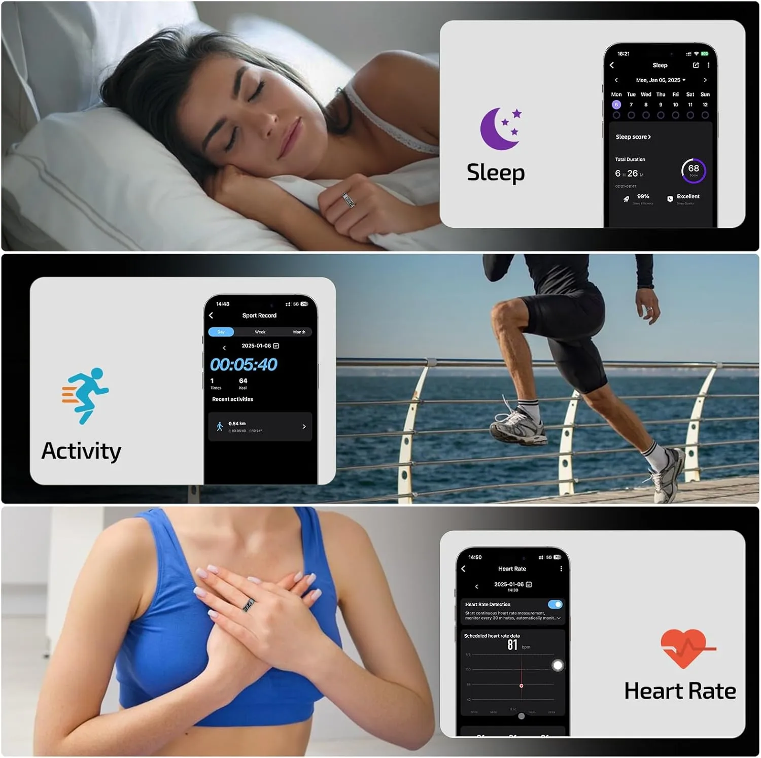 Smart Ring with LED Display Screen,Sleep&Fitness Tracking Wearable for Women/Men,Accurate Monitoring of Pedometer, Heart Rate,Blood Oxygen,No Subscription Required with Wireless Charging (Black, 8)