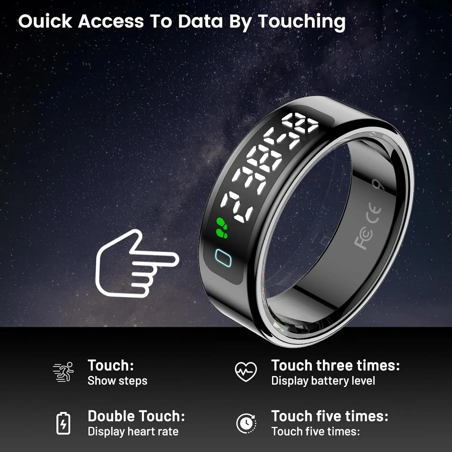 Smart Ring with LED Display Screen,Sleep&Fitness Tracking Wearable for Women/Men,Accurate Monitoring of Pedometer, Heart Rate,Blood Oxygen,No Subscription Required with Wireless Charging (Black, 8)