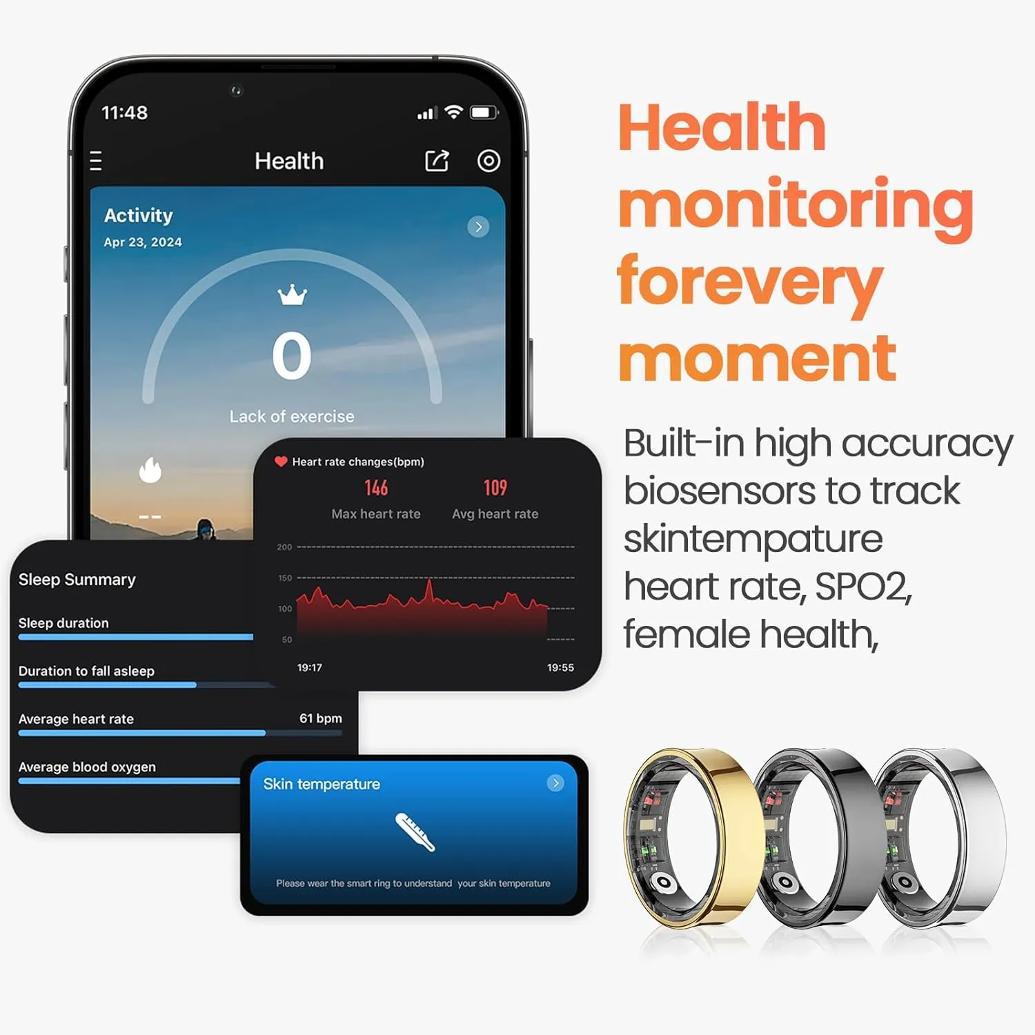 Smart Rings for Men, Fitness Trackers for Women - Sleep Tracking Wearable - Heart Rate - Blood Oxygen - IP68 Waterproof (Gold, 12#)