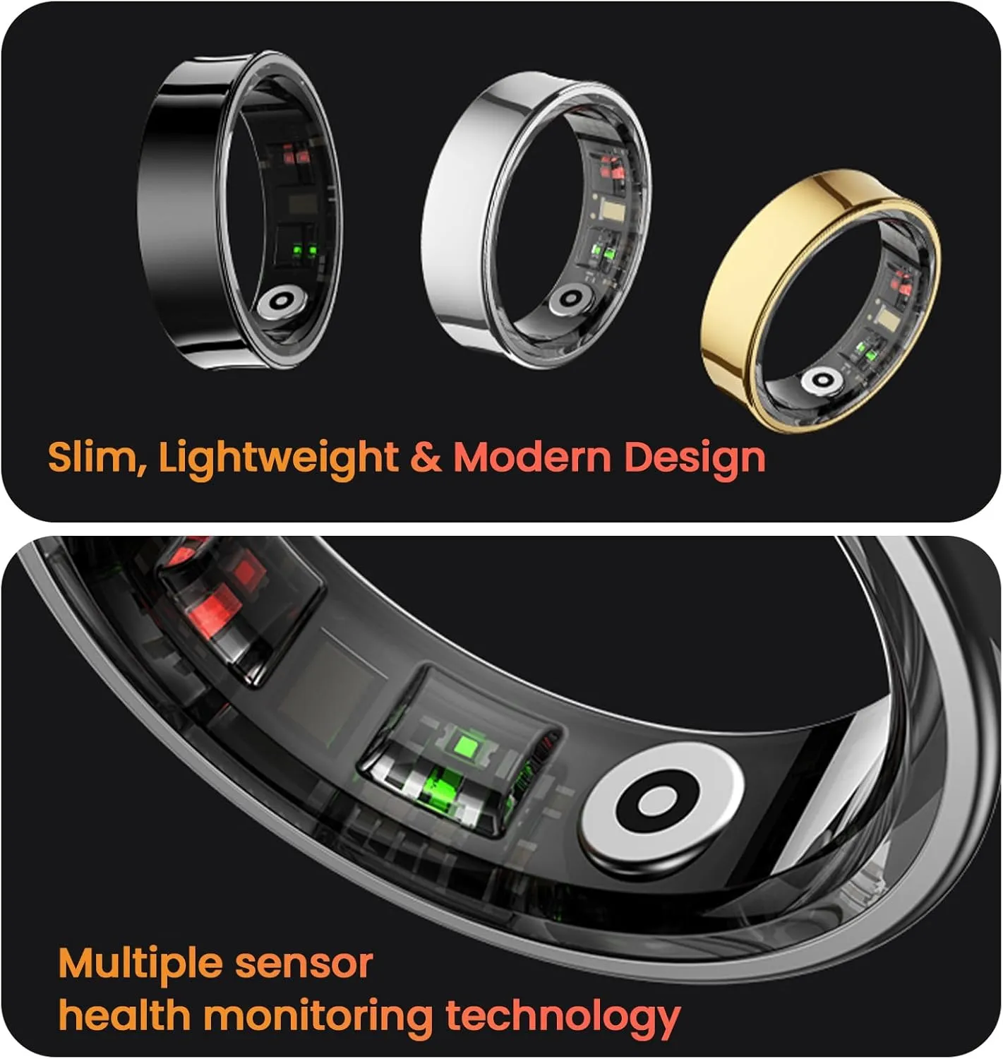 Smart Rings for Men, Fitness Trackers for Women - Sleep Tracking Wearable - Heart Rate - Blood Oxygen - IP68 Waterproof (Gold, 12#)