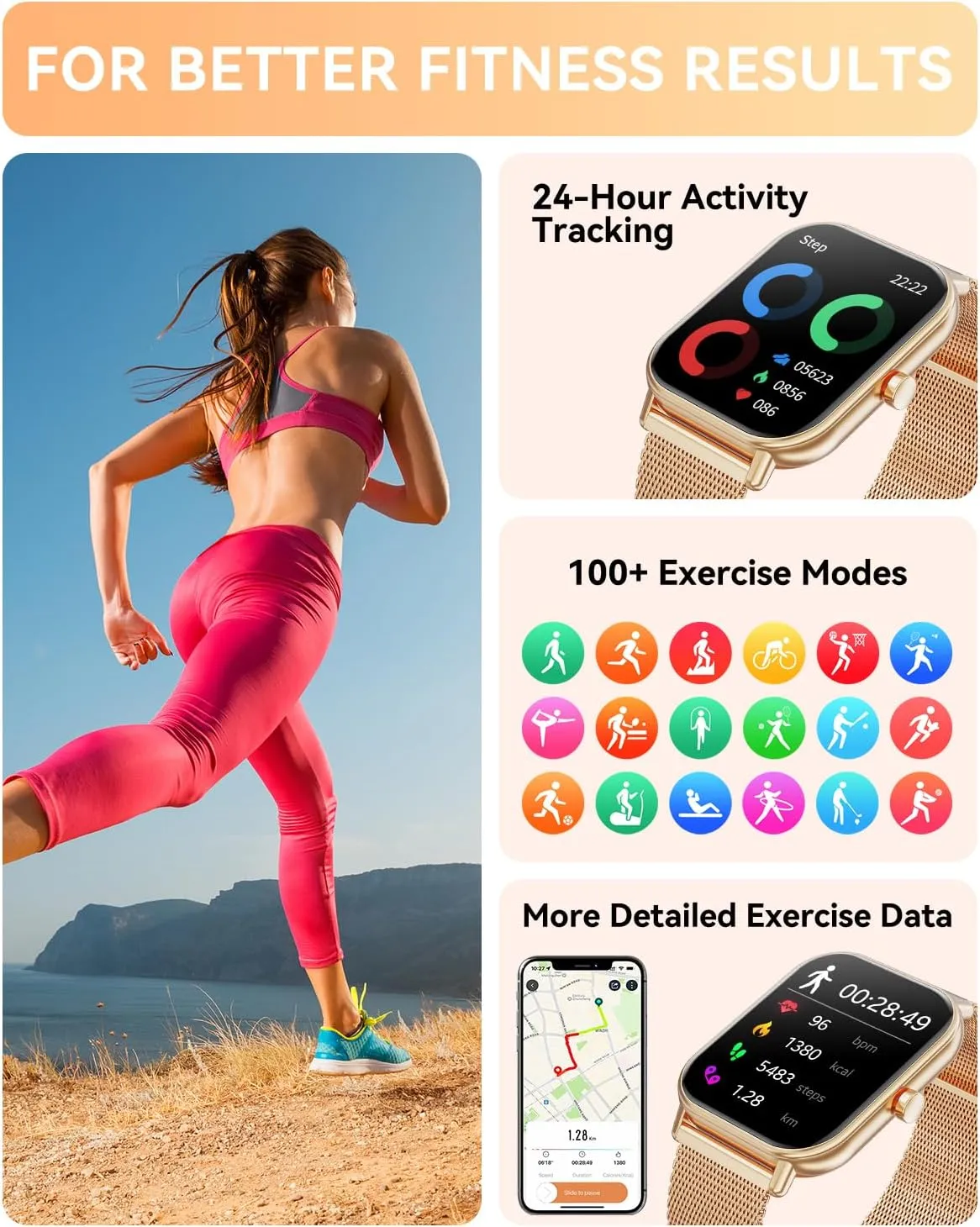 Smart Watch for Women Men, Fitness Tracker Watch for Android Phones iPhone Compatible, 1.85" Smart Watches for Women Men with Blood Oxygen, Heart Rate Monitor, 110  Sport Modes Smartwatch (2 Strap)