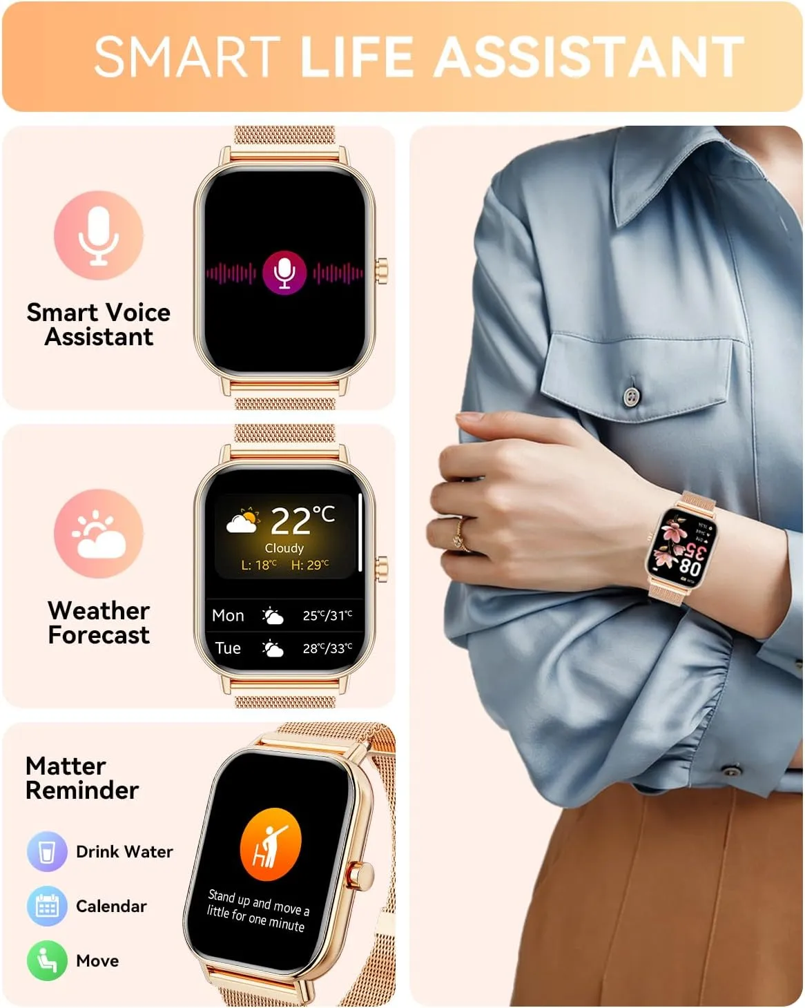 Smart Watch for Women Men, Fitness Tracker Watch for Android Phones iPhone Compatible, 1.85" Smart Watches for Women Men with Blood Oxygen, Heart Rate Monitor, 110  Sport Modes Smartwatch (2 Strap)