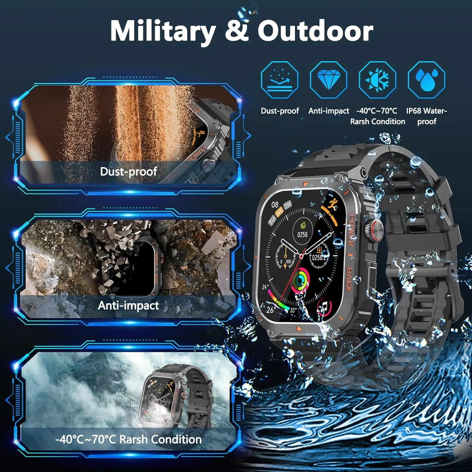 Smart Watches for Men,Military Smartwatches with GPS and Map Navigation & BT Calls - Fitness Trackers with Heart Rate/SpO2/Sleep Monitor,Elevation,Compass,Outdoor Sport Watch for Android/iOS