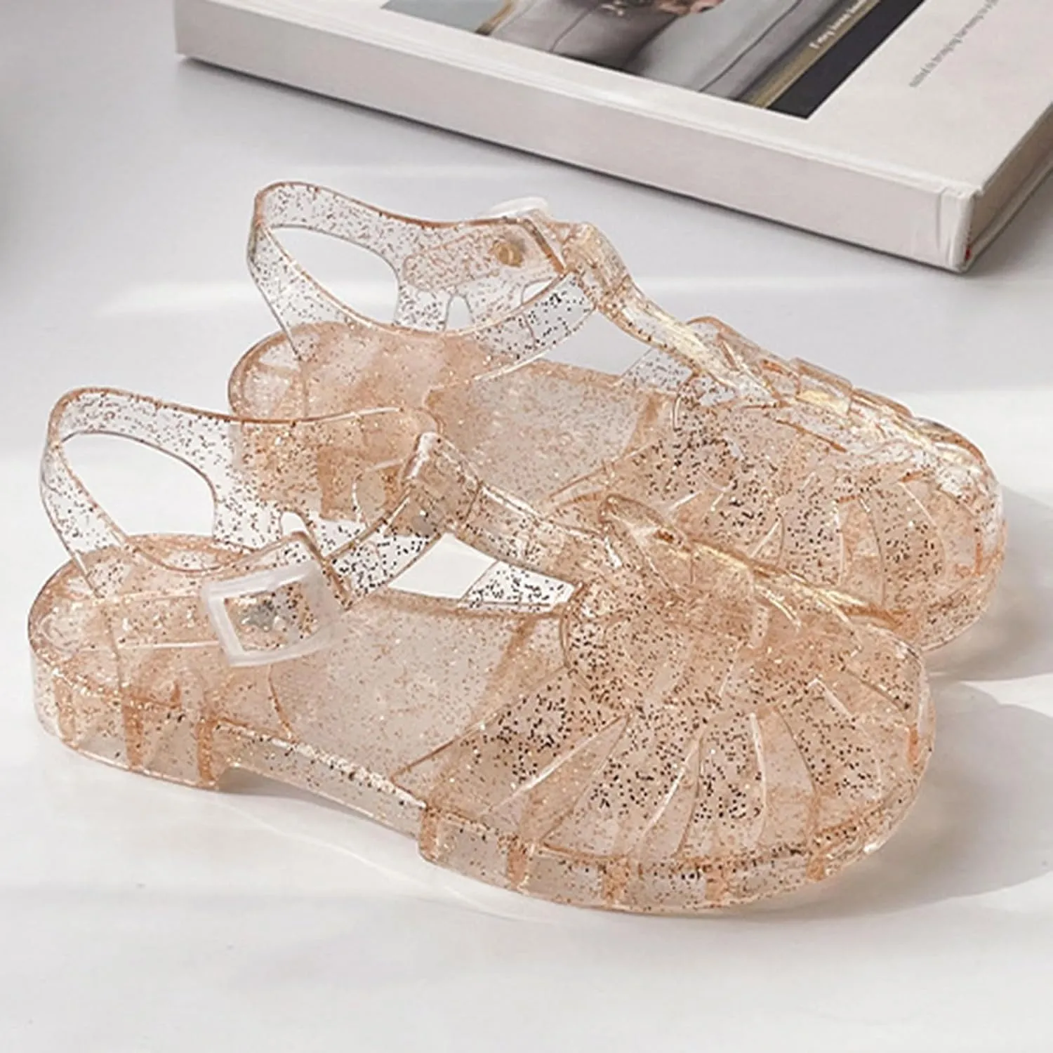 Soft Flat Shoes Summer Girl Shoes Girls Sandals Shiny Jelly Beach Closed Toe Hollow Casual
