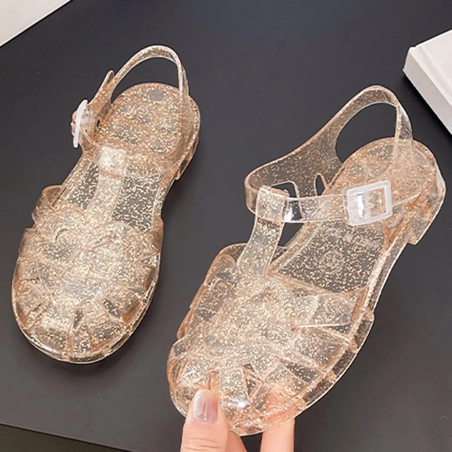 Soft Flat Shoes Summer Girl Shoes Girls Sandals Shiny Jelly Beach Closed Toe Hollow Casual