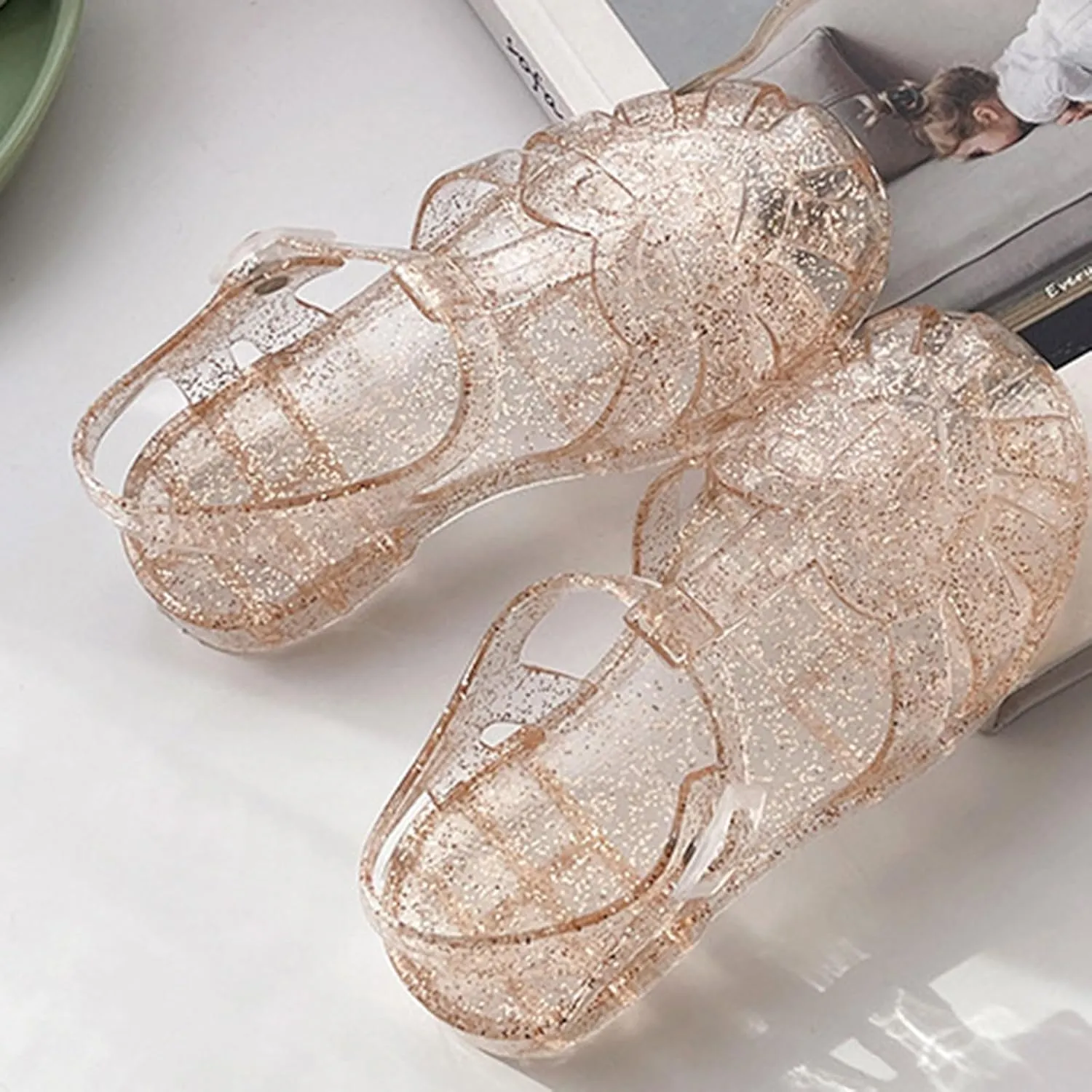 Soft Flat Shoes Summer Girl Shoes Girls Sandals Shiny Jelly Beach Closed Toe Hollow Casual