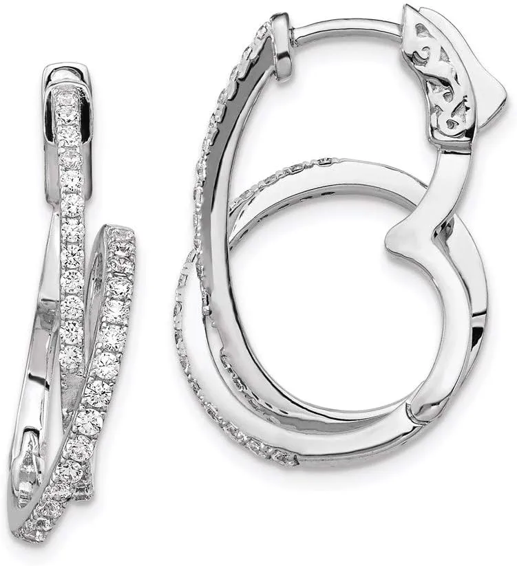 Solid Real 925 Sterling Silver CZ Cubic Zirconia Loop Post Dangle Earrings - 26mm x 5mm