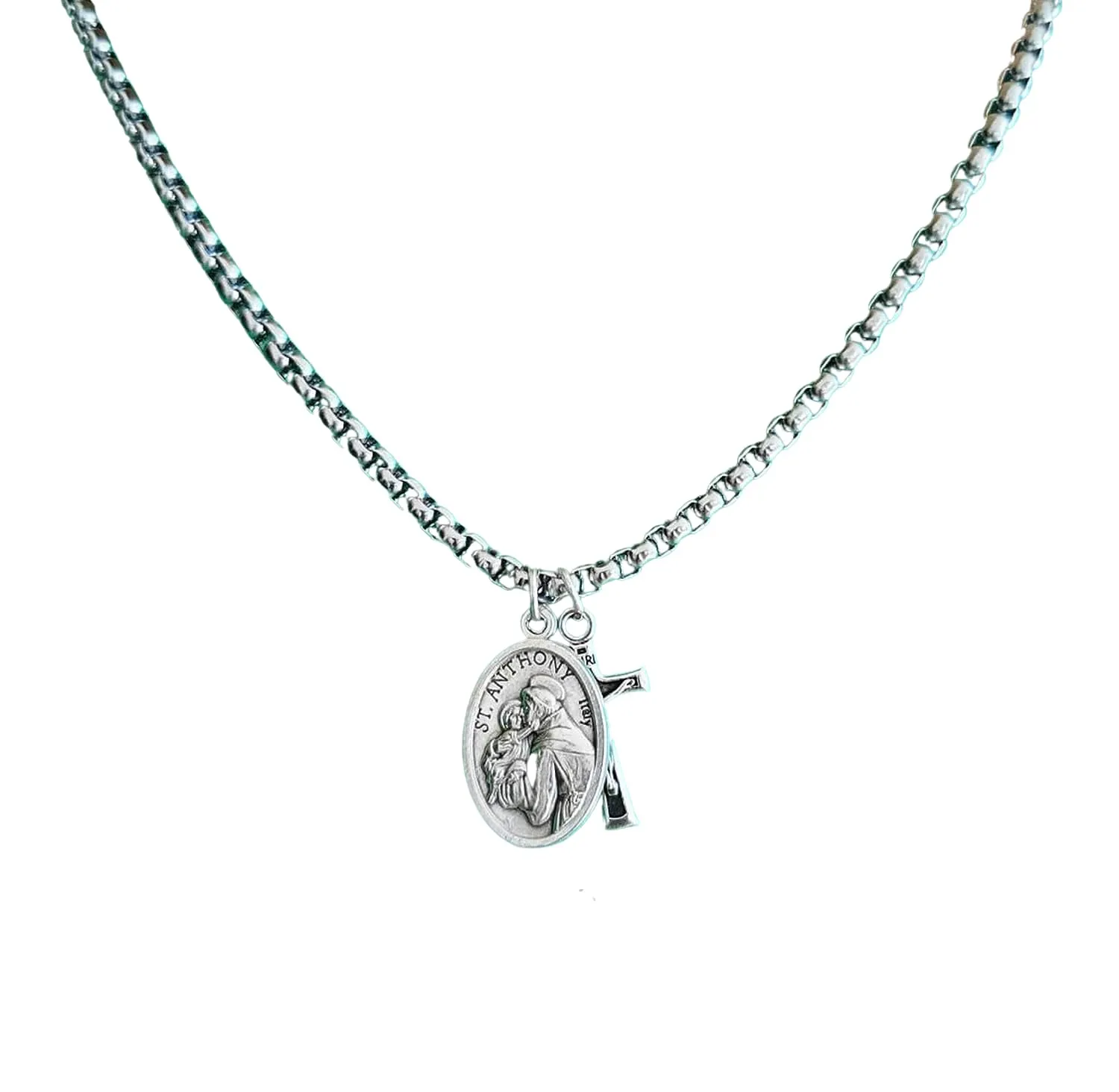 Stainless Steel Chain Catholic Saint Medal Cross Necklace - Choose Your Saint - Religious Jewelry Gift For Men Women Kids