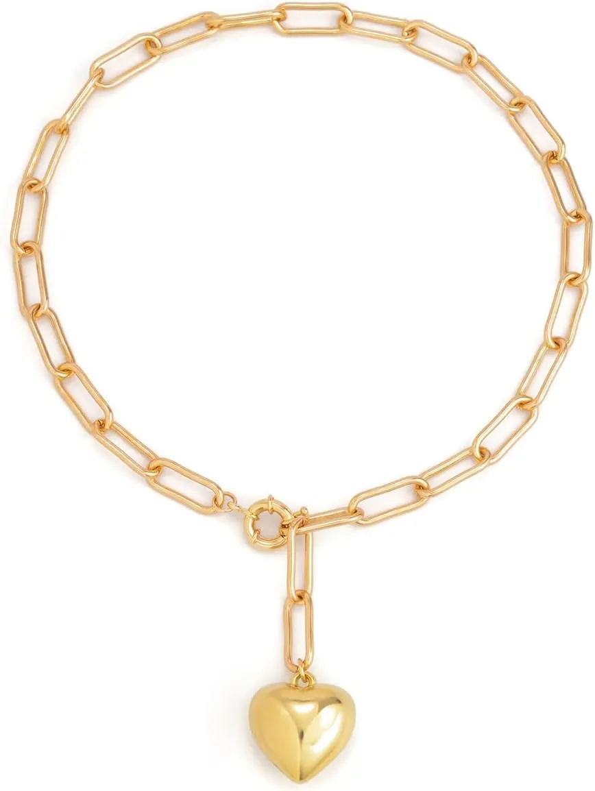 Statement Thick Puffy Heart Chunky Collar Silver/14K Gold Plated Cuban Link Chain Paperclip Necklaces for Women,Bold Fashion Charms Paper Clip Pendant Punk Hip hop Jewelry for E