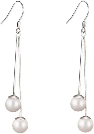 Sterling Silver Freshwater Pearl Threader Dangle Drop Earrings Threader Tassel Dangling Charm Hoop Earrings Long Chain Hook Earring Fashion Jewelry Gifts for Women