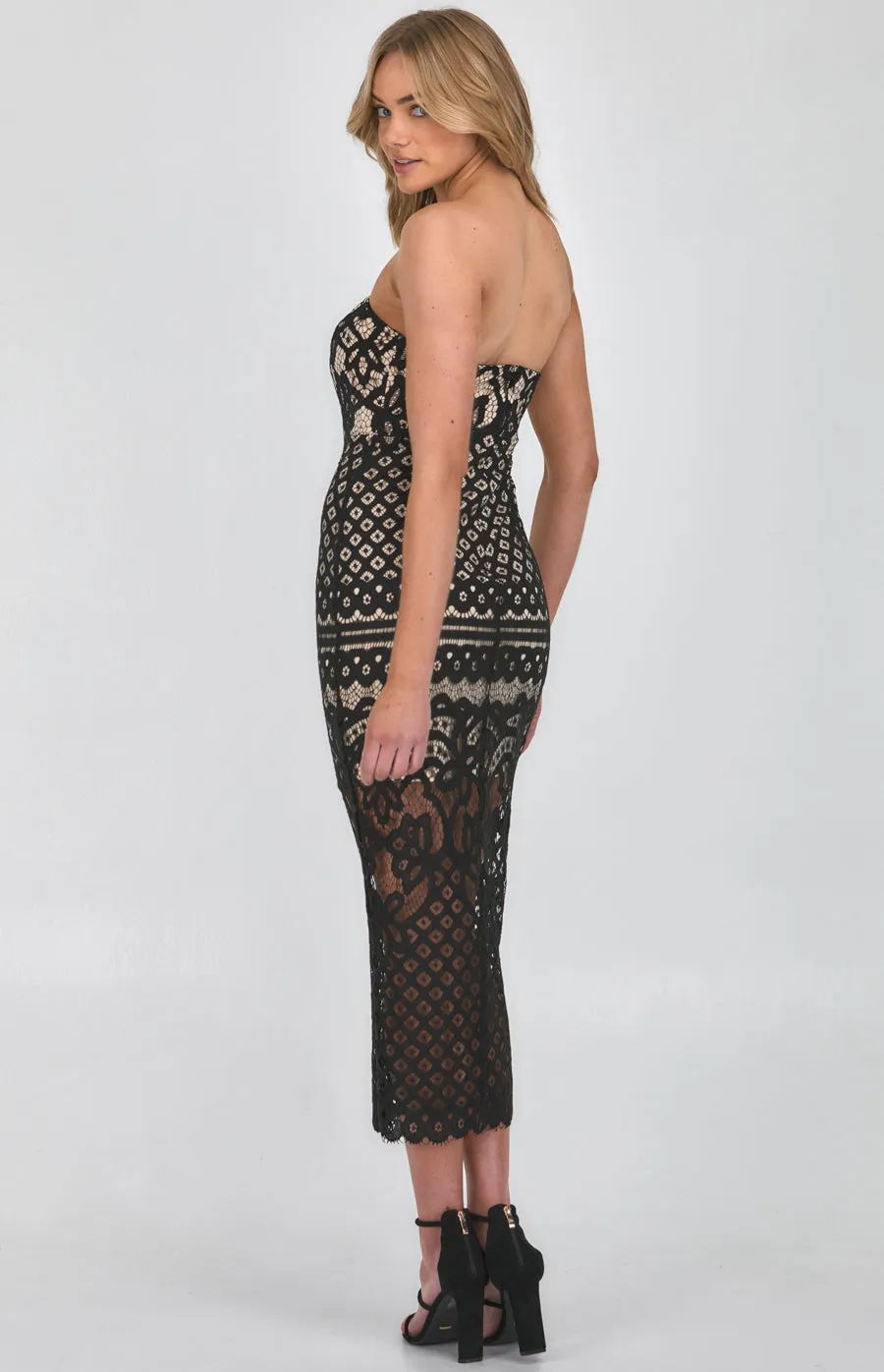 Strapless Lace Placement Panel Midi Dress