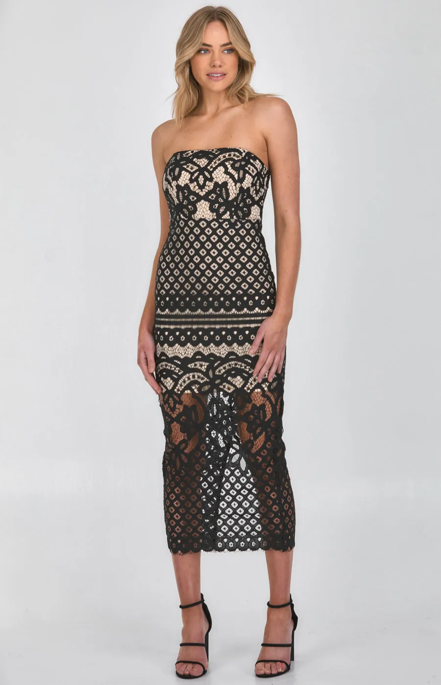 Strapless Lace Placement Panel Midi Dress