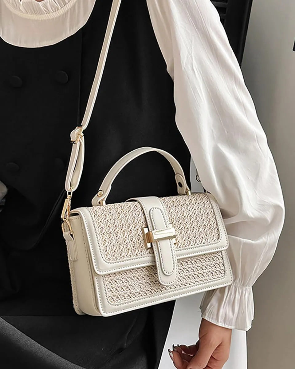Straw Woven Crossbody Shoulder Bag for Women PU Leather Handbag Small Tote Clutch Trendy Purse Satchel