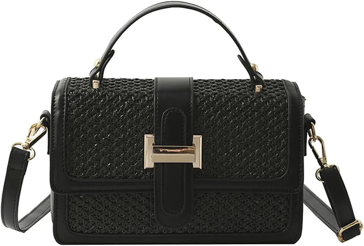 Straw Woven Crossbody Shoulder Bag for Women PU Leather Handbag Small Tote Clutch Trendy Purse Satchel