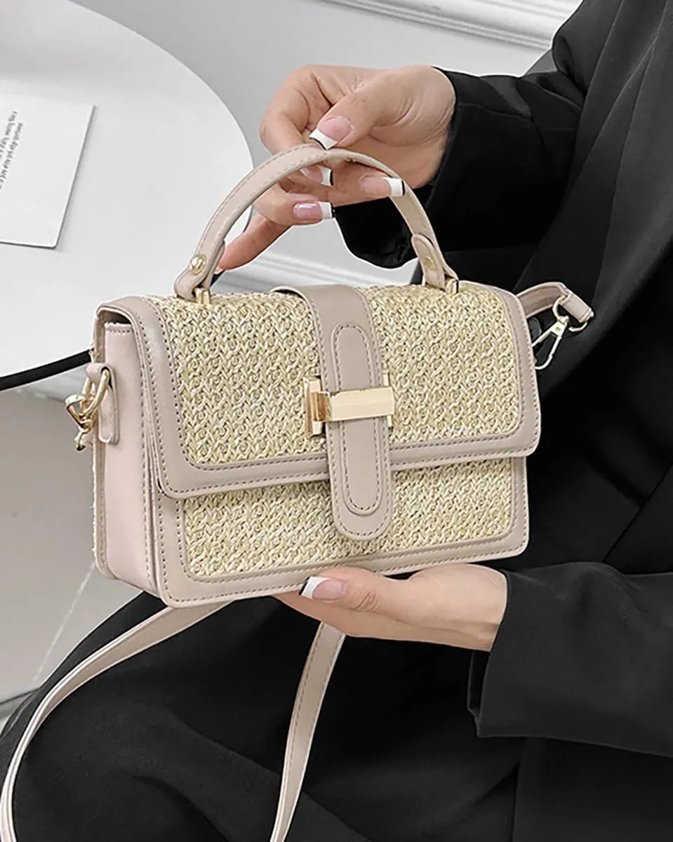 Straw Woven Crossbody Shoulder Bag for Women PU Leather Handbag Small Tote Clutch Trendy Purse Satchel