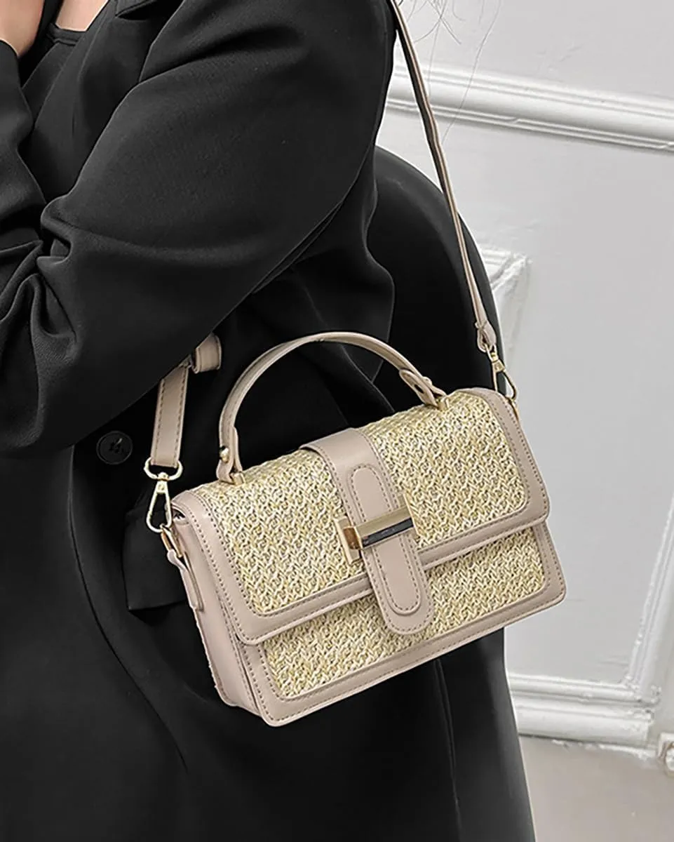 Straw Woven Crossbody Shoulder Bag for Women PU Leather Handbag Small Tote Clutch Trendy Purse Satchel