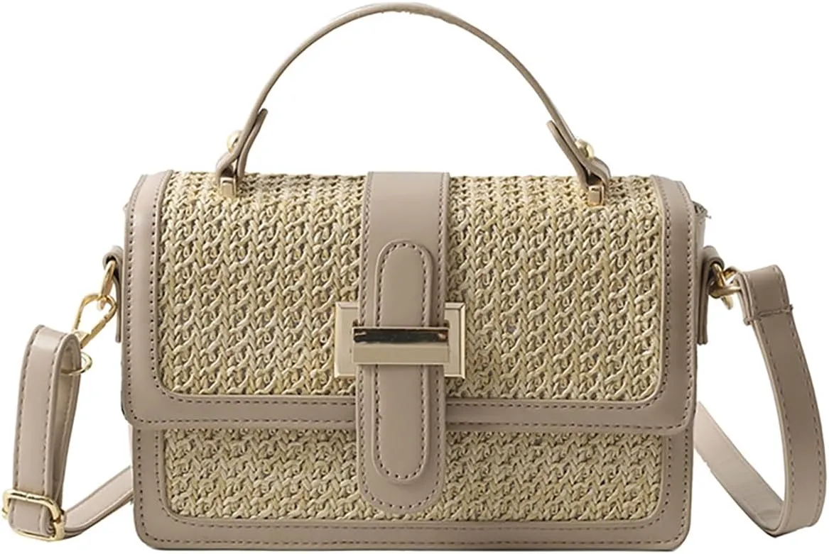 Straw Woven Crossbody Shoulder Bag for Women PU Leather Handbag Small Tote Clutch Trendy Purse Satchel