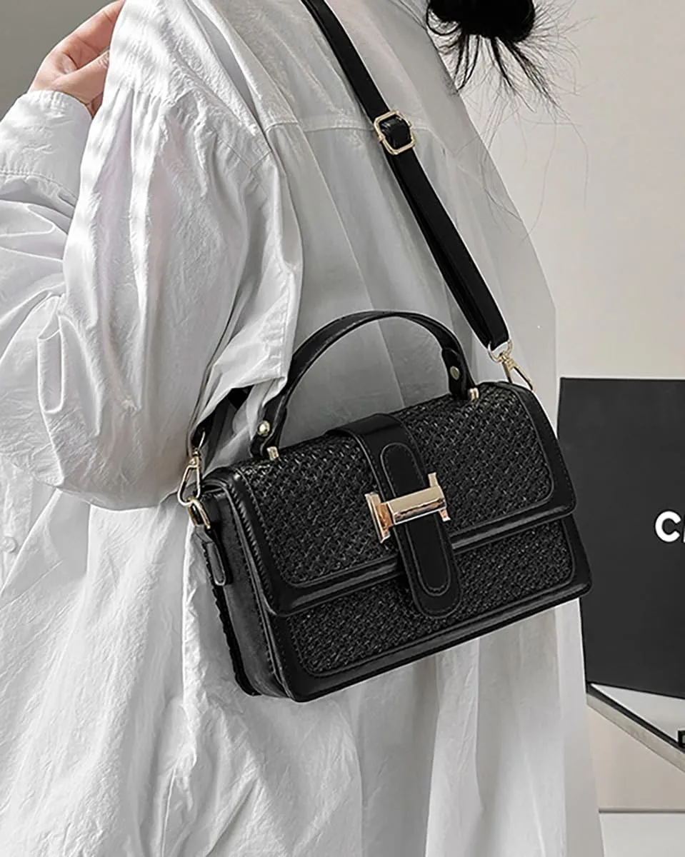 Straw Woven Crossbody Shoulder Bag for Women PU Leather Handbag Small Tote Clutch Trendy Purse Satchel