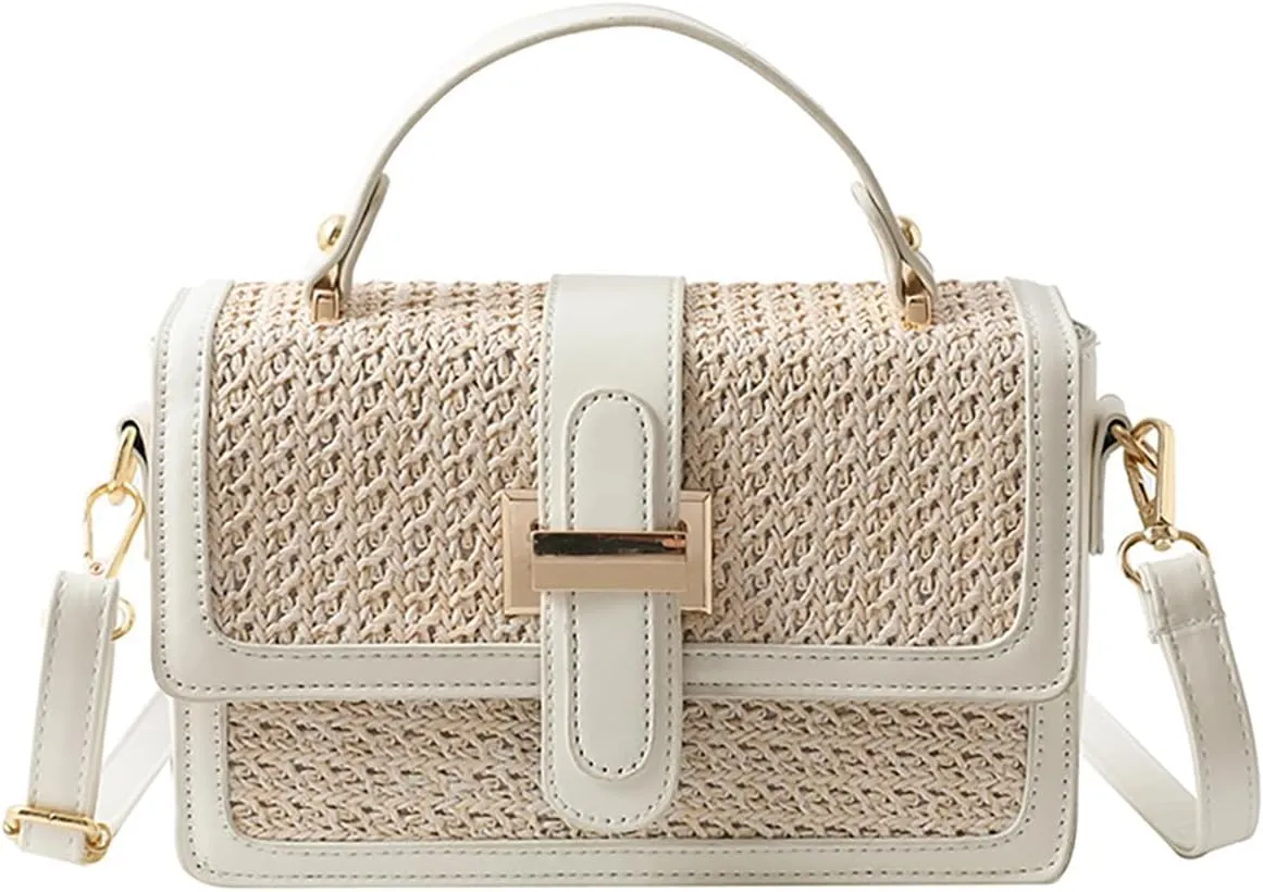 Straw Woven Crossbody Shoulder Bag for Women PU Leather Handbag Small Tote Clutch Trendy Purse Satchel