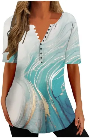 Summer Shirts for Women 2025 Plus Size Short Sleeve Henley Tops Marble Floral Loose Tshirt Tee Casual Dressy Tunics